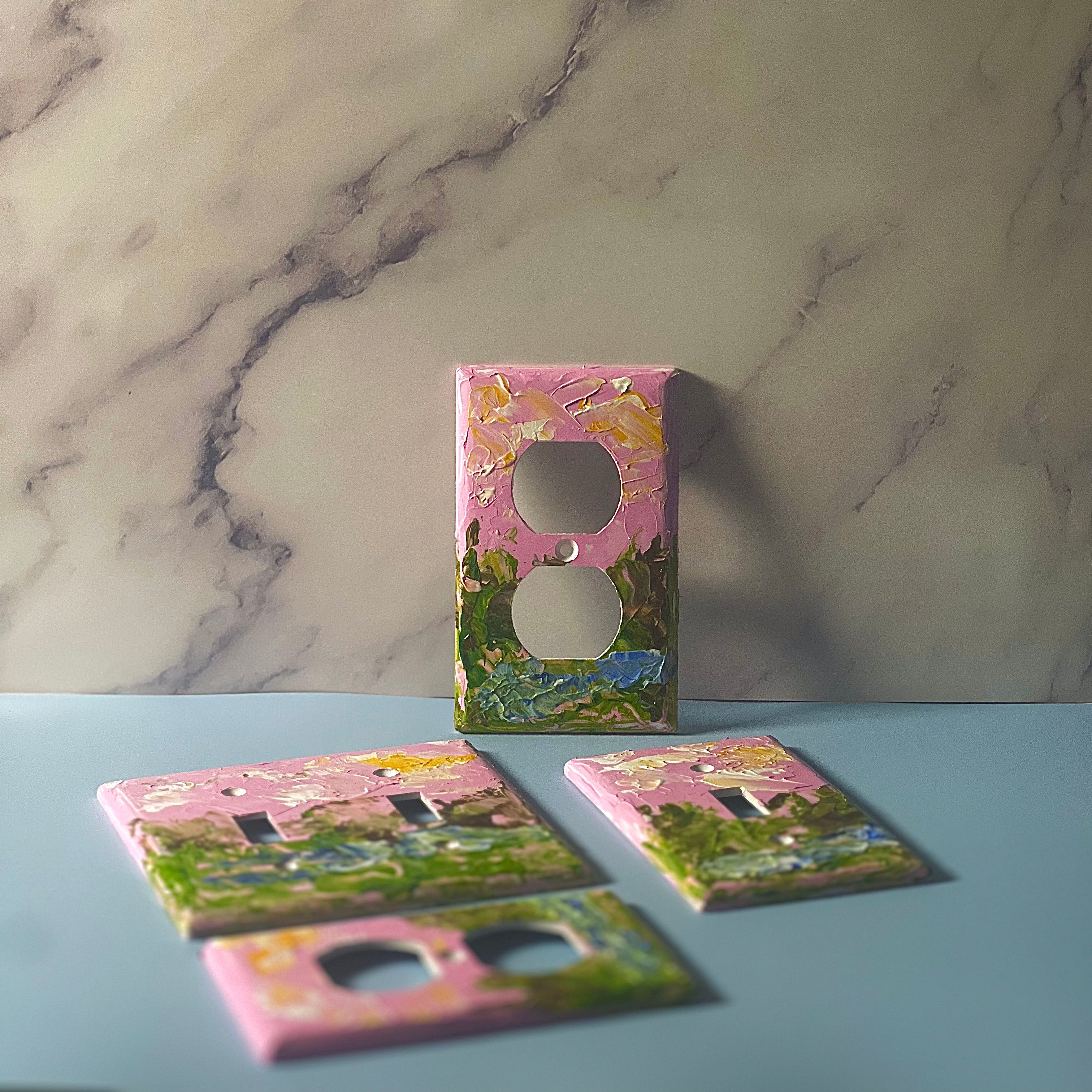 Hand-Painted Landscape Cottagecore Light Switch Plate, Kitchen Wall Art, Impasto Pink and Green Painting