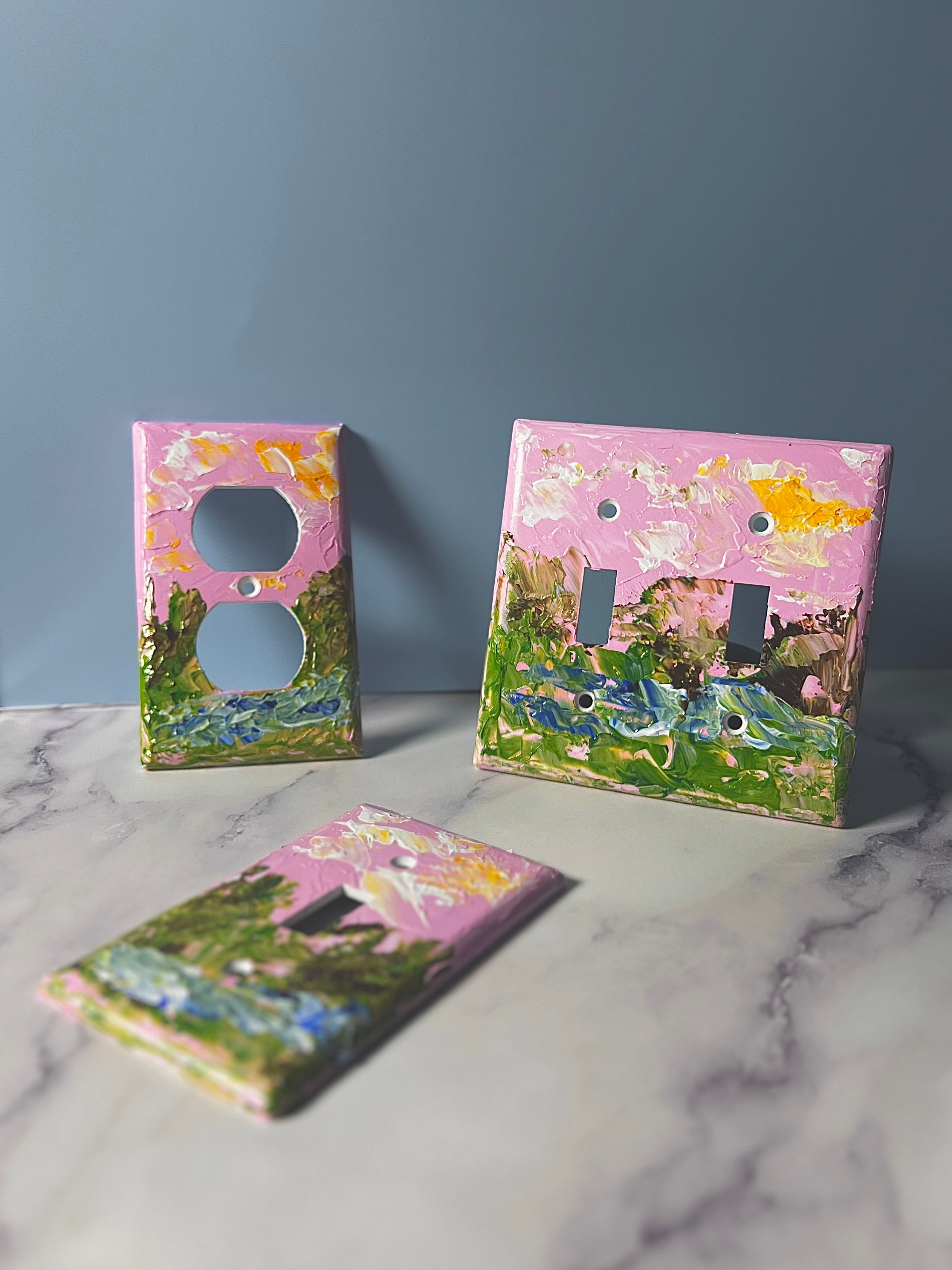 Hand-Painted Landscape Cottagecore Light Switch Plate, Kitchen Wall Art, Impasto Pink and Green Painting