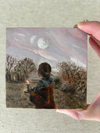 Small original oil painting on wood: A girl from another world