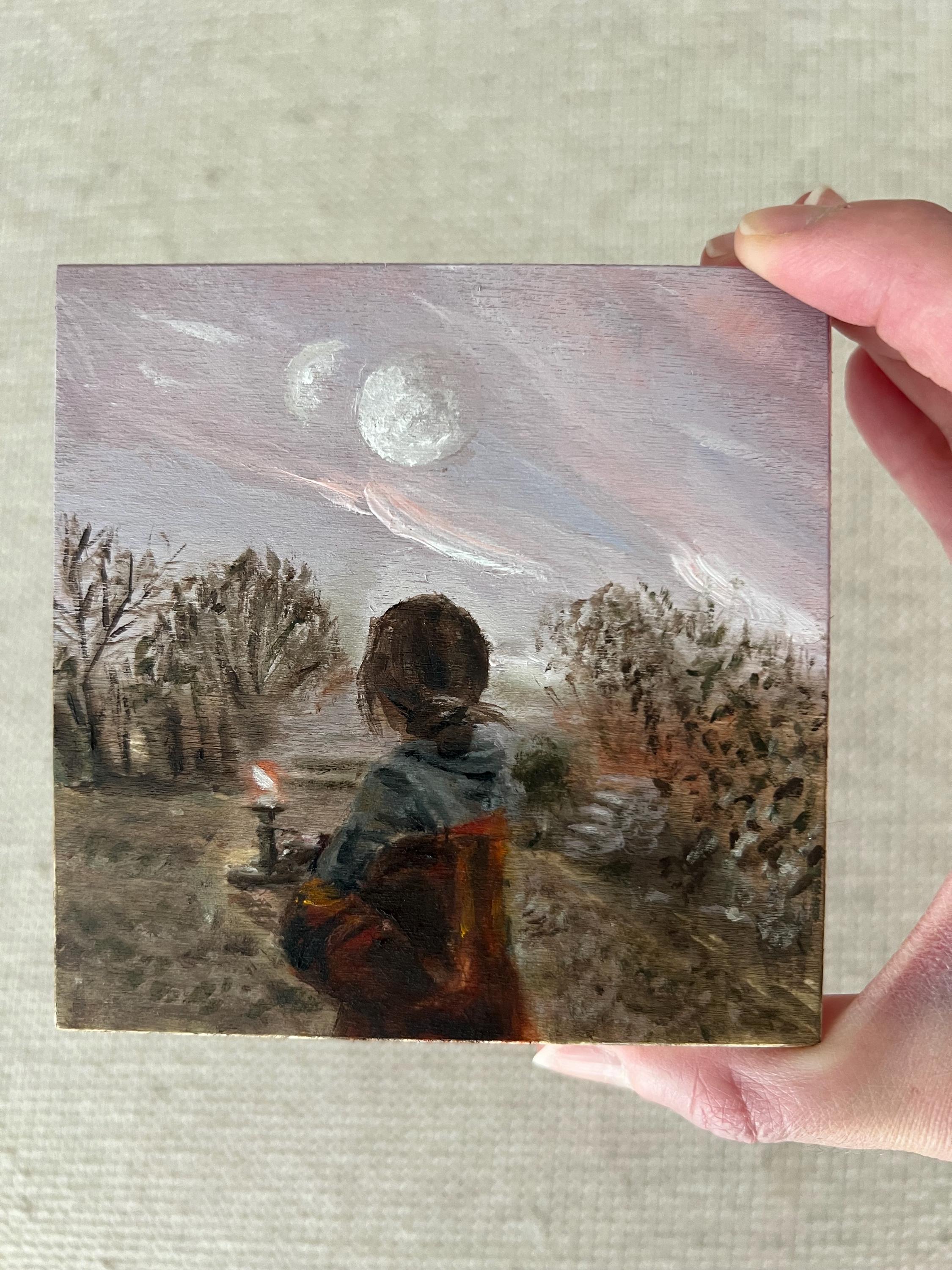 Small original oil painting on wood: A girl from another world