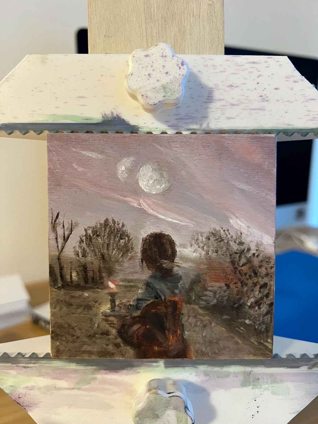 Small original oil painting on wood: A girl from another world