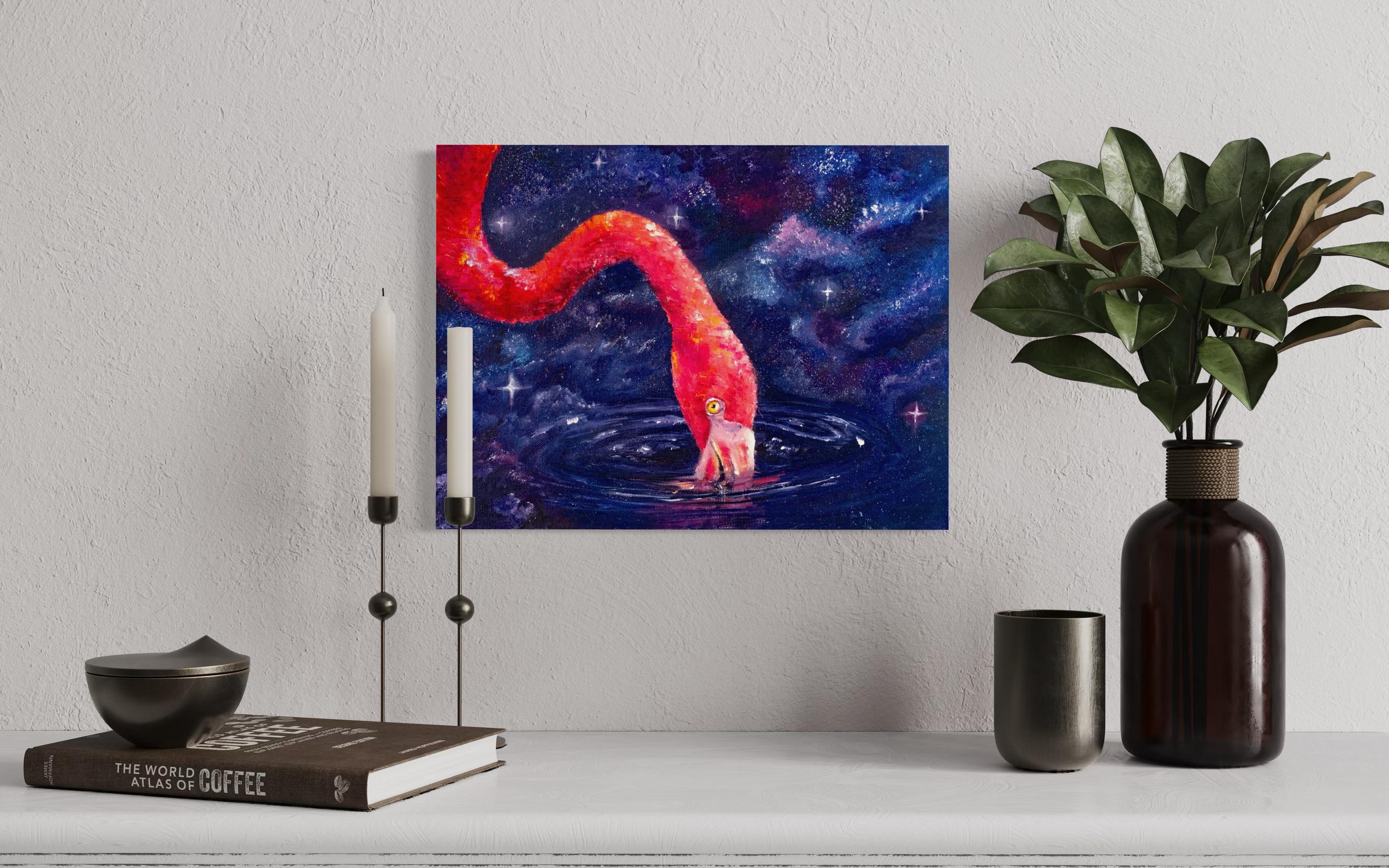 Pink Flamingo: Original oil painting on canvas inspired by science fiction