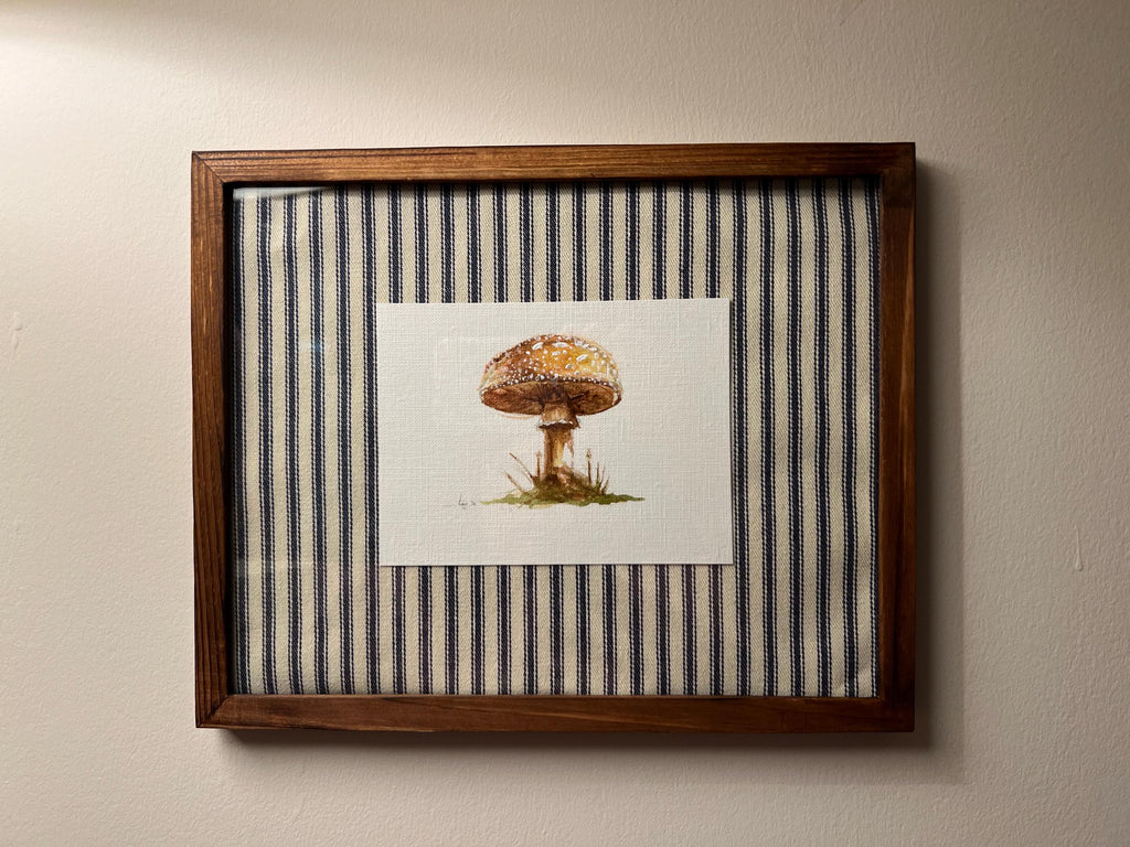 Framed Watercolor Mushroom Painting, Navy Fabric Background, Nature Wall Art
