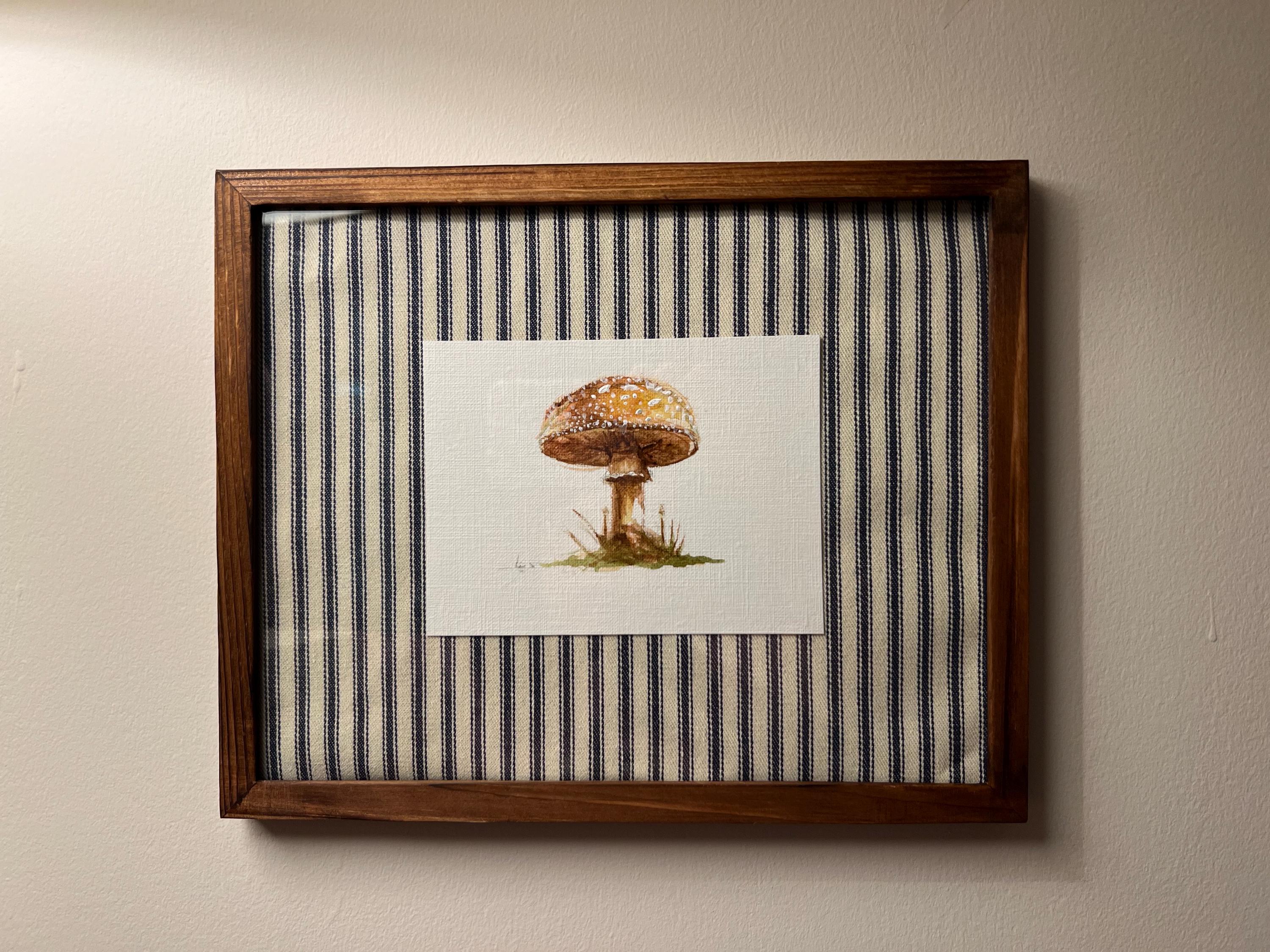 Framed Watercolor Mushroom Painting, Navy Fabric Background, Nature Wall Art