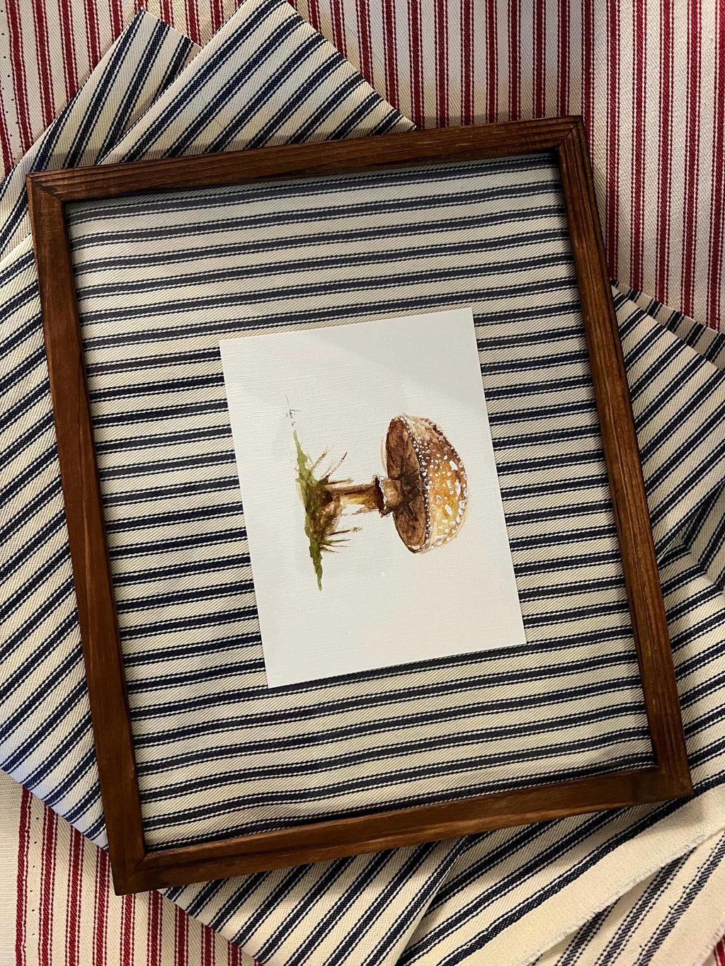 Framed Watercolor Mushroom Painting, Navy Fabric Background, Nature Wall Art