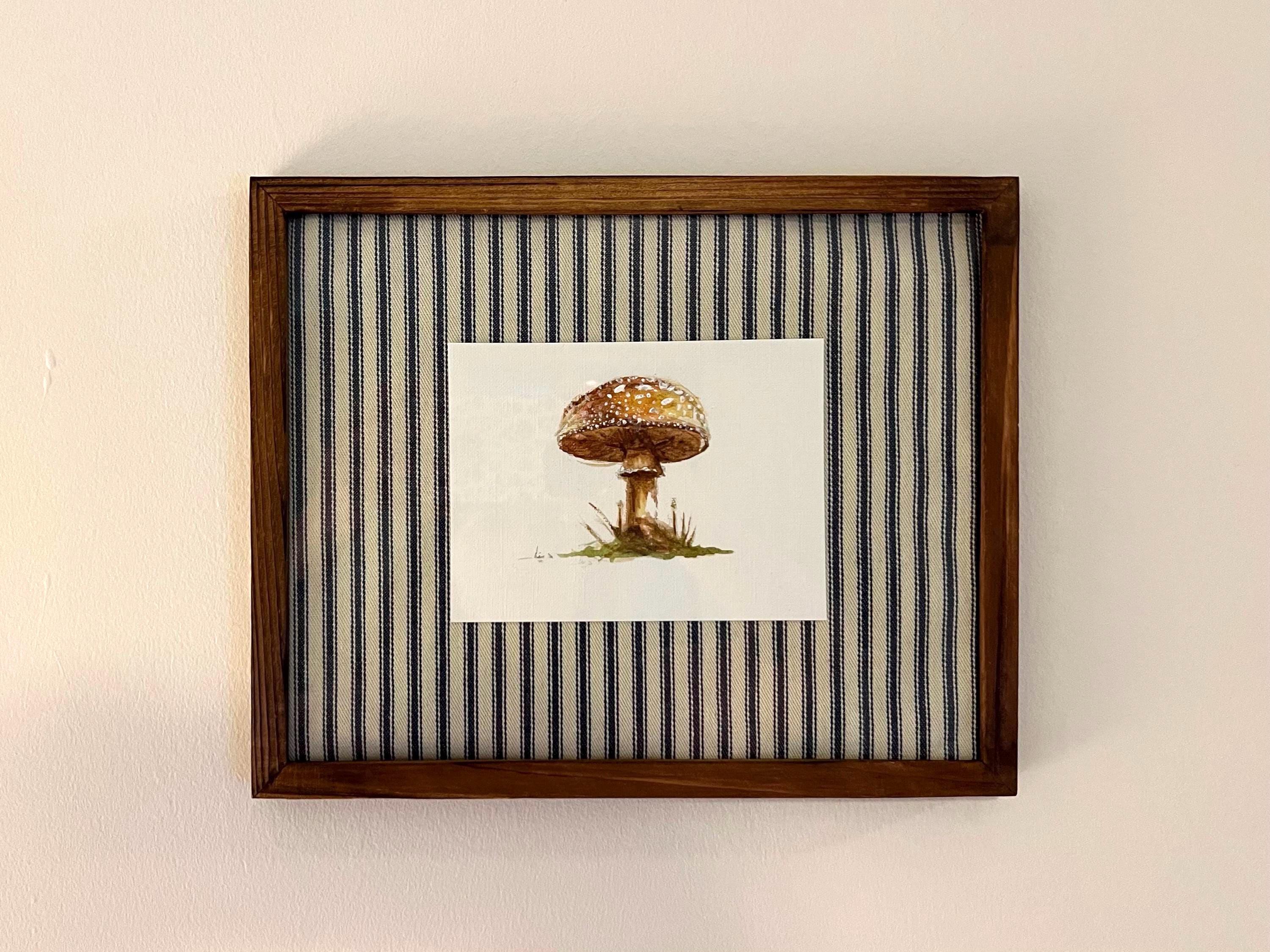 Framed Watercolor Mushroom Painting, Navy Fabric Background, Nature Wall Art