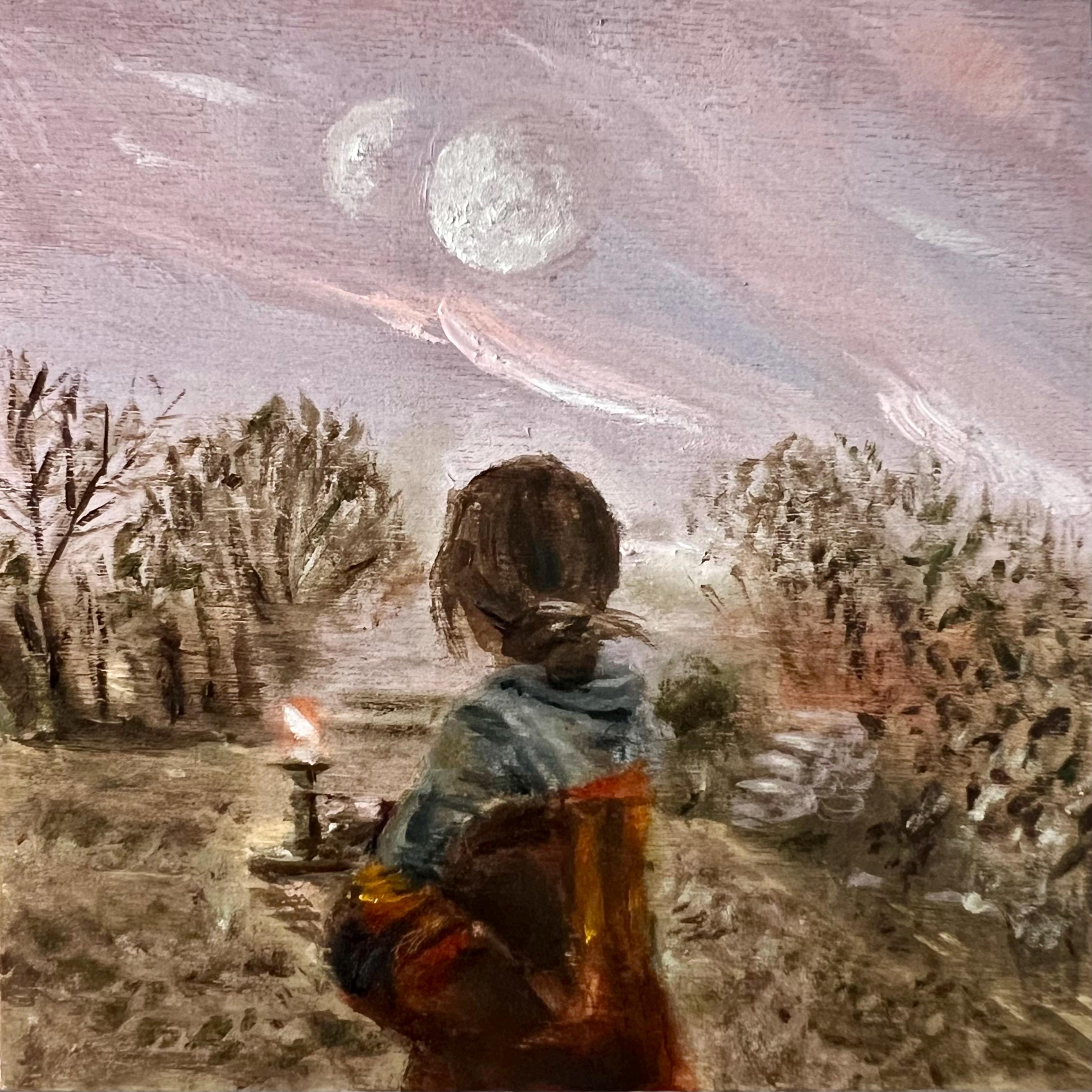 Small original oil painting on wood: A girl from another world