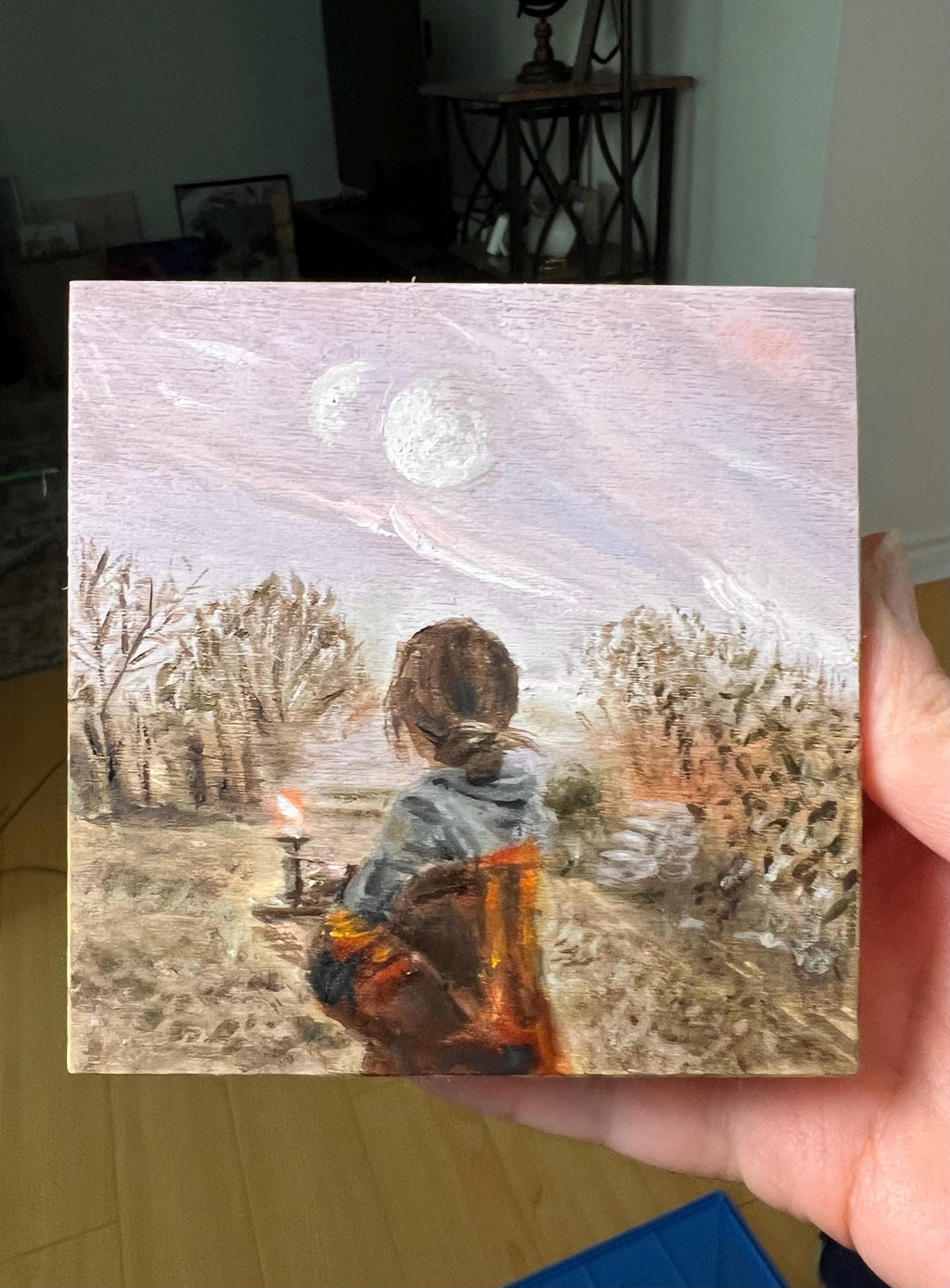 Small original oil painting on wood: A girl from another world