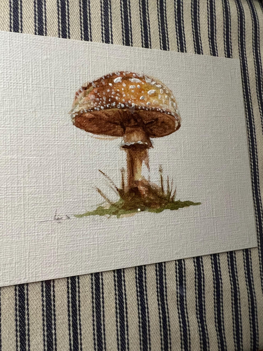 Framed Watercolor Mushroom Painting, Navy Fabric Background, Nature Wall Art