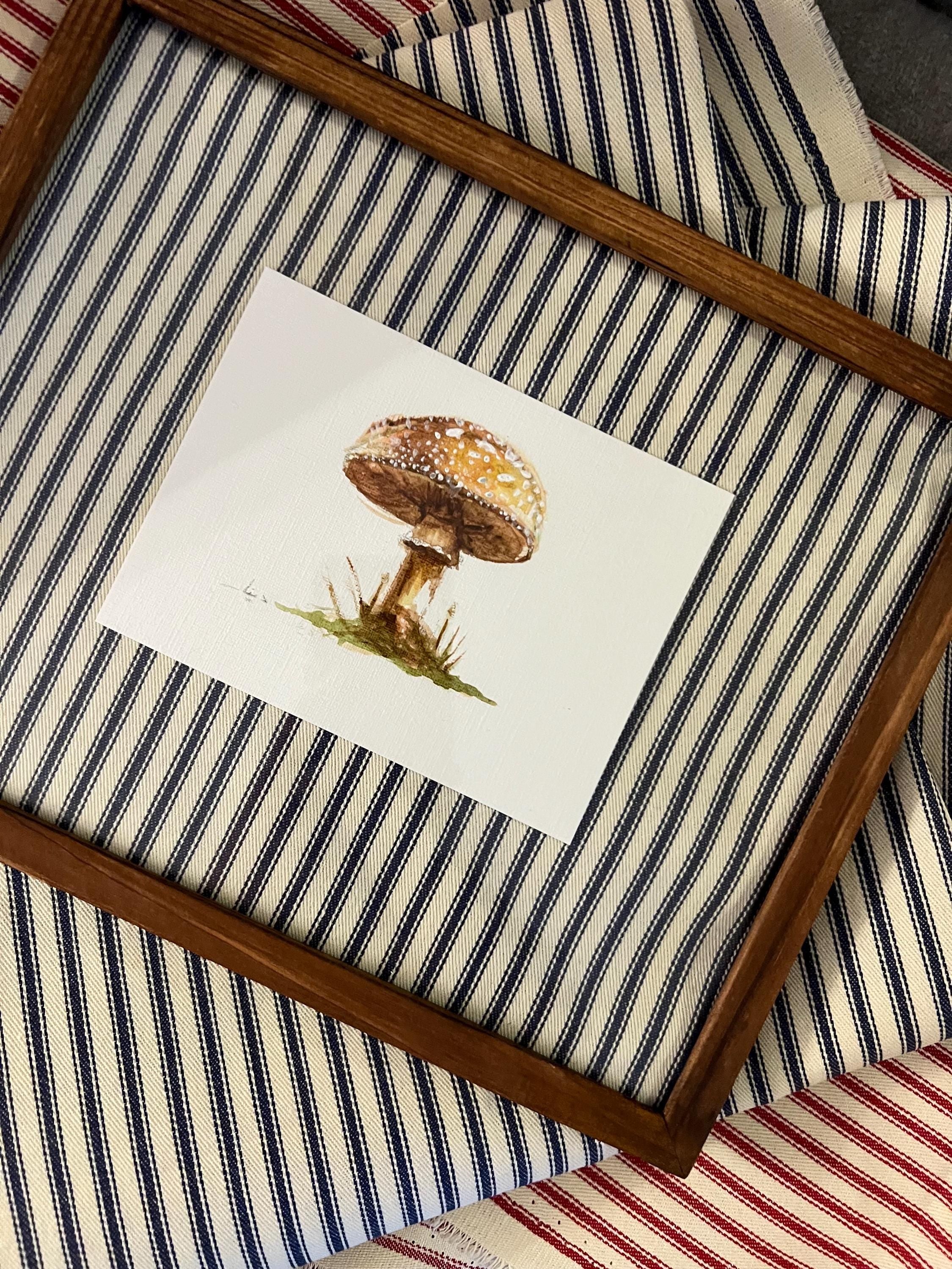 Framed Watercolor Mushroom Painting, Navy Fabric Background, Nature Wall Art