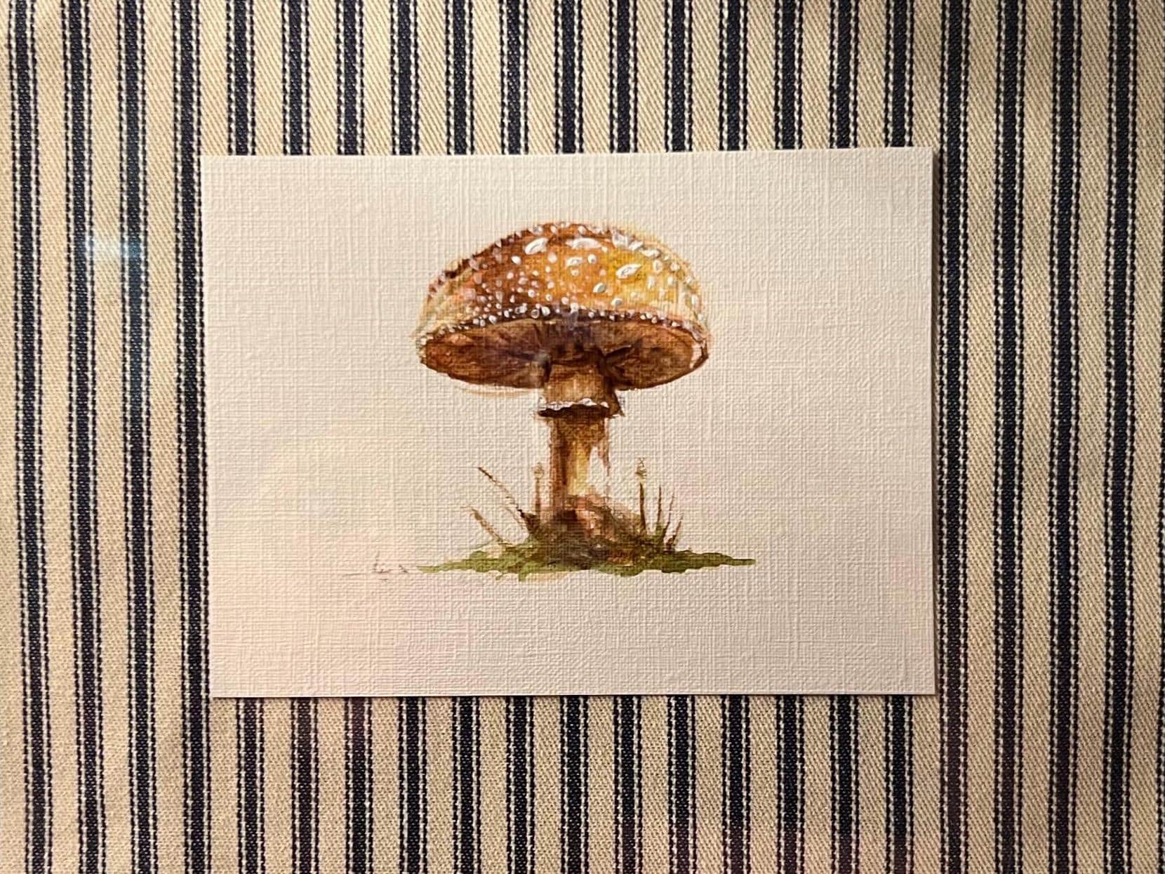 Framed Watercolor Mushroom Painting, Navy Fabric Background, Nature Wall Art