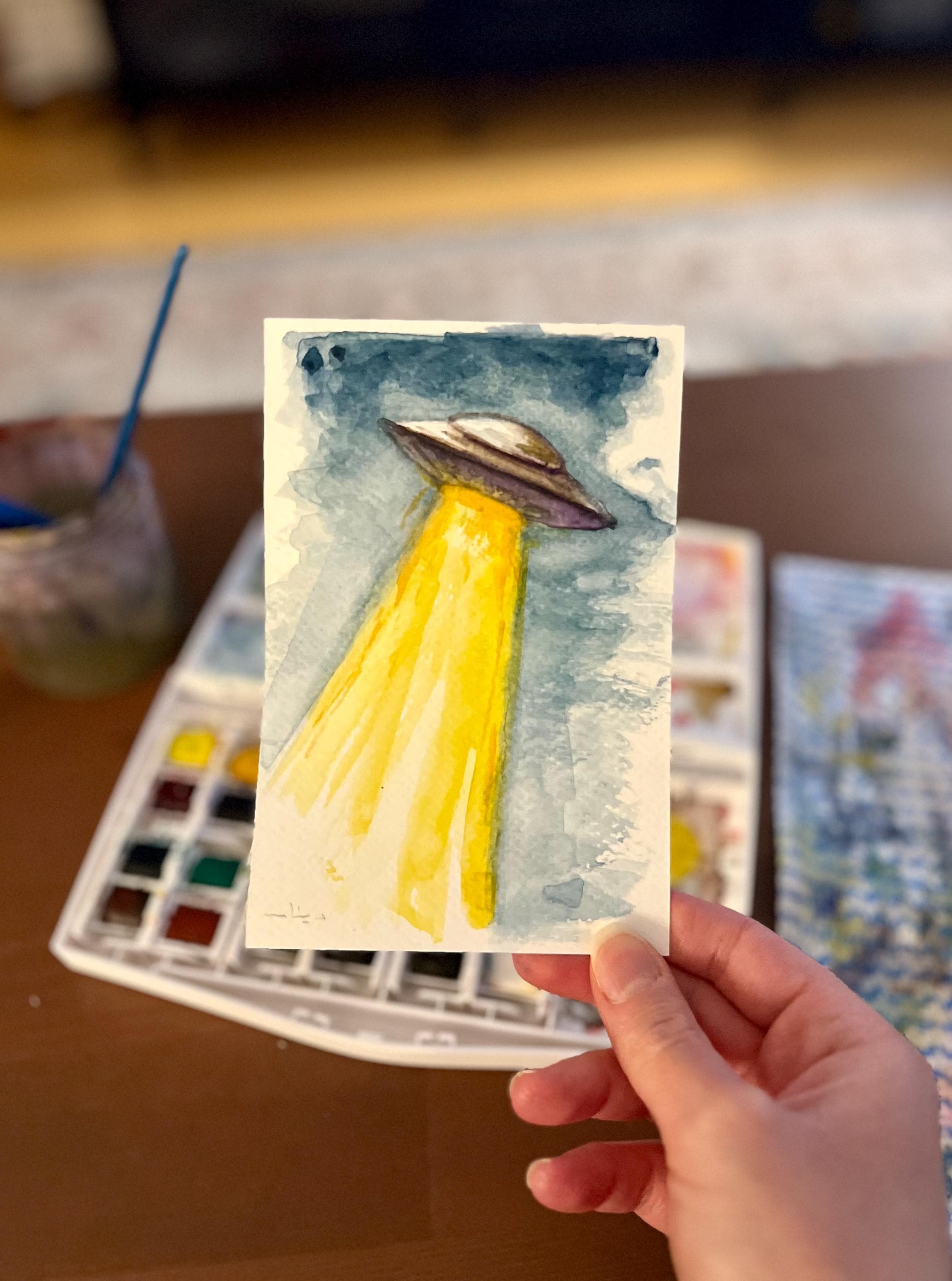 Framed Original Watercolor UFO Painting, Navy Fabric Background, Science Fiction Wall Art