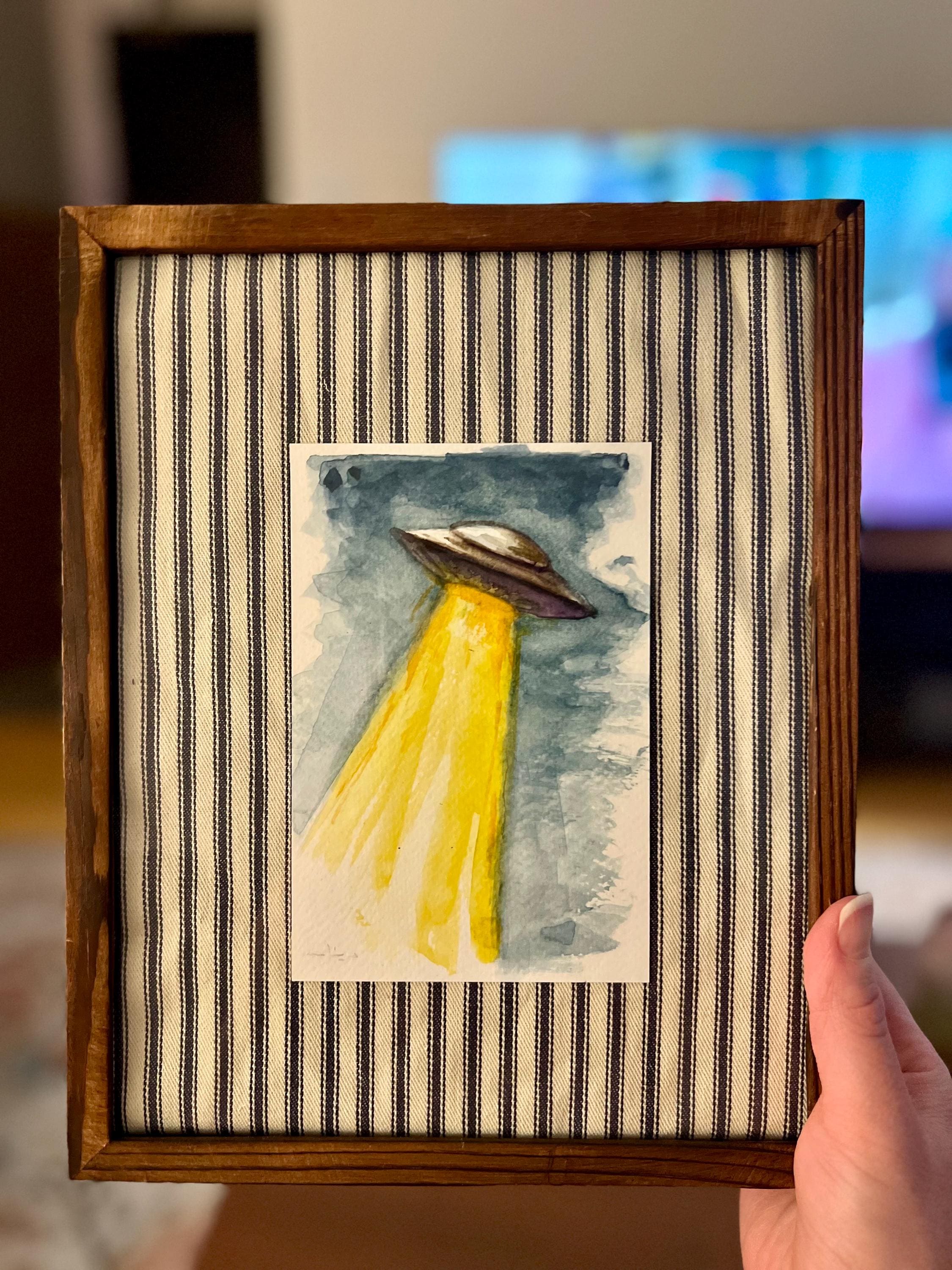 Framed Original Watercolor UFO Painting, Navy Fabric Background, Science Fiction Wall Art