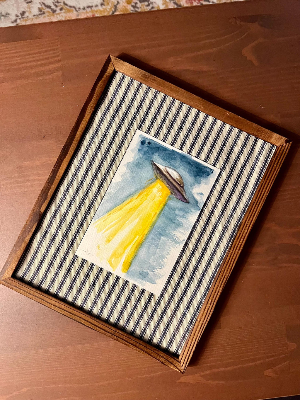Framed Original Watercolor UFO Painting, Navy Fabric Background, Science Fiction Wall Art