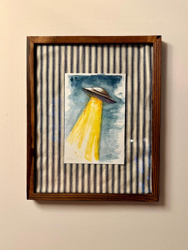 Framed Original Watercolor UFO Painting, Navy Fabric Background, Science Fiction Wall Art