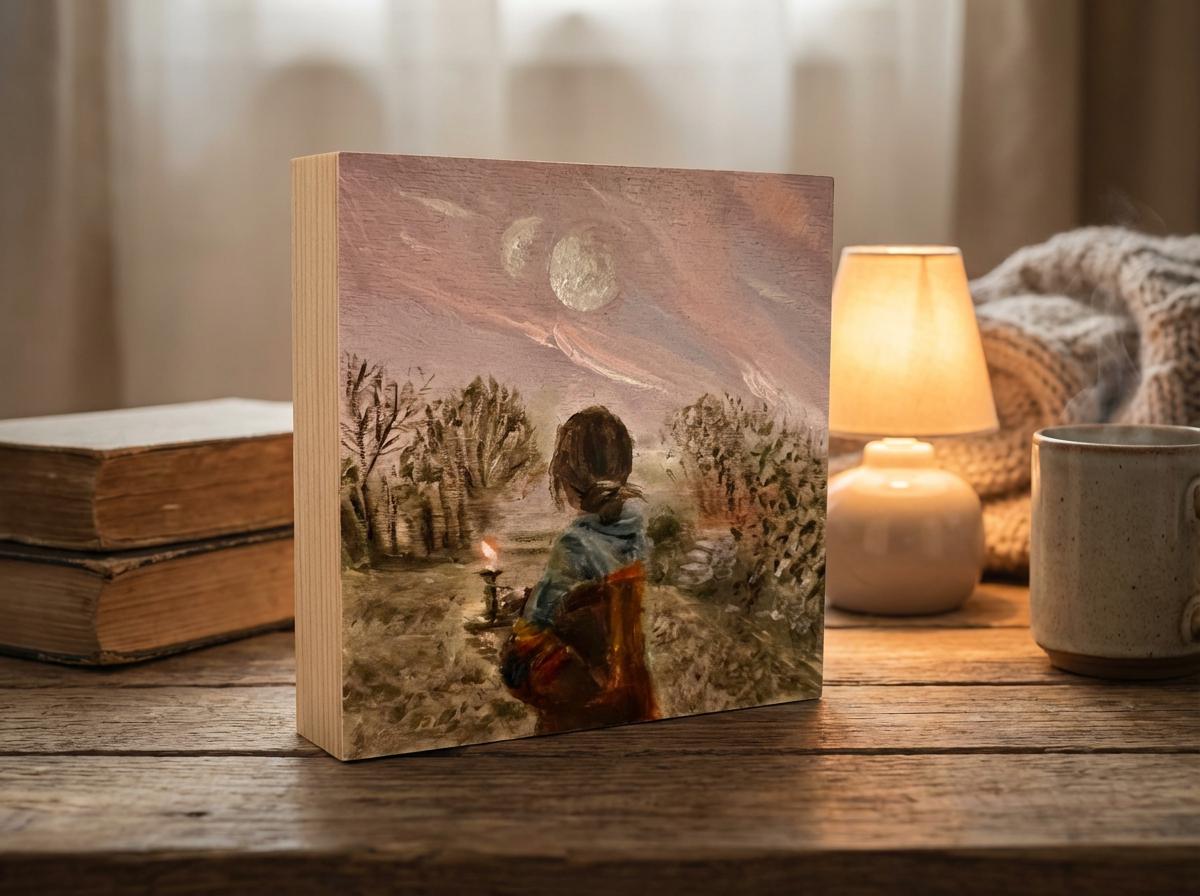 Small original oil painting on wood: A girl from another world