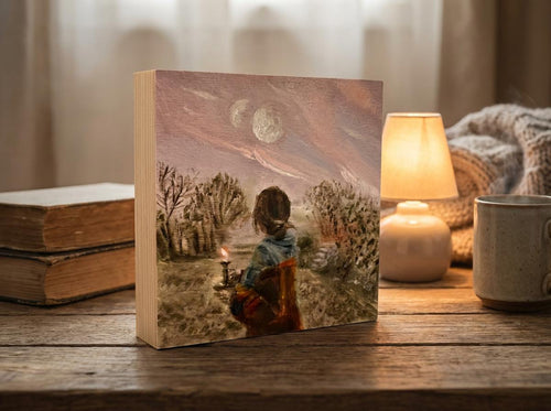 Small original oil painting on wood: A girl from another world