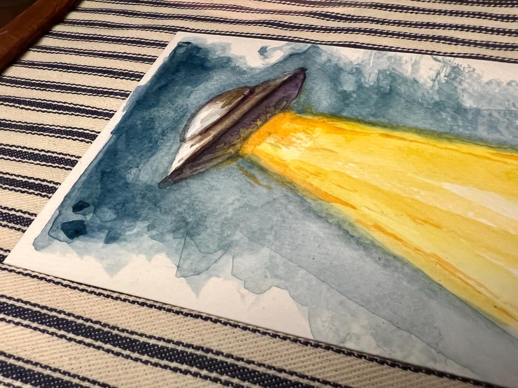 Framed Original Watercolor UFO Painting, Navy Fabric Background, Science Fiction Wall Art