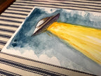 Framed Original Watercolor UFO Painting, Navy Fabric Background, Science Fiction Wall Art