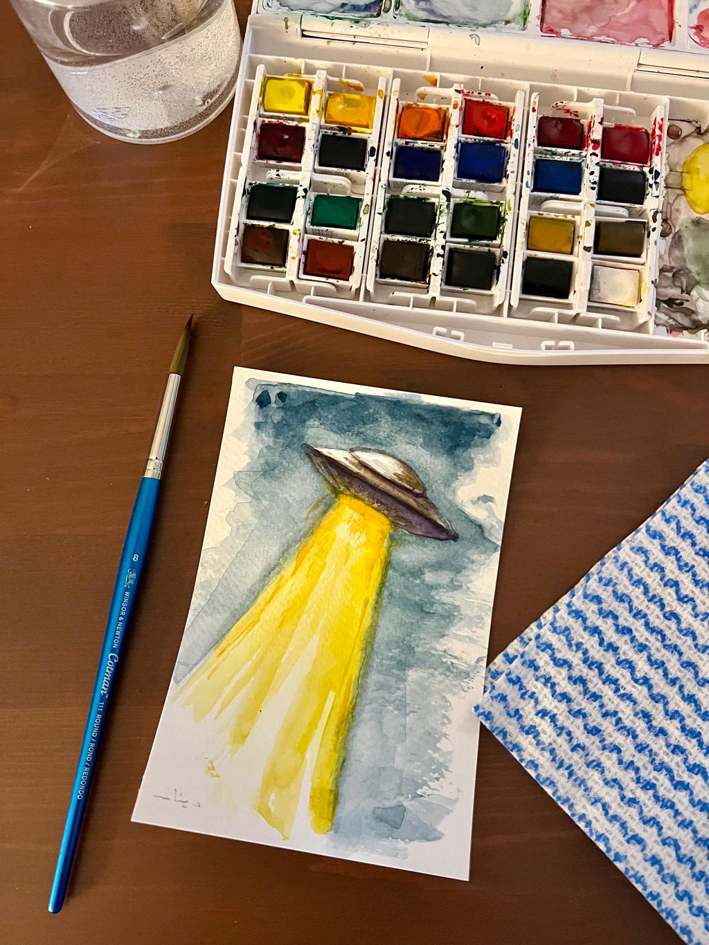 Framed Original Watercolor UFO Painting, Navy Fabric Background, Science Fiction Wall Art