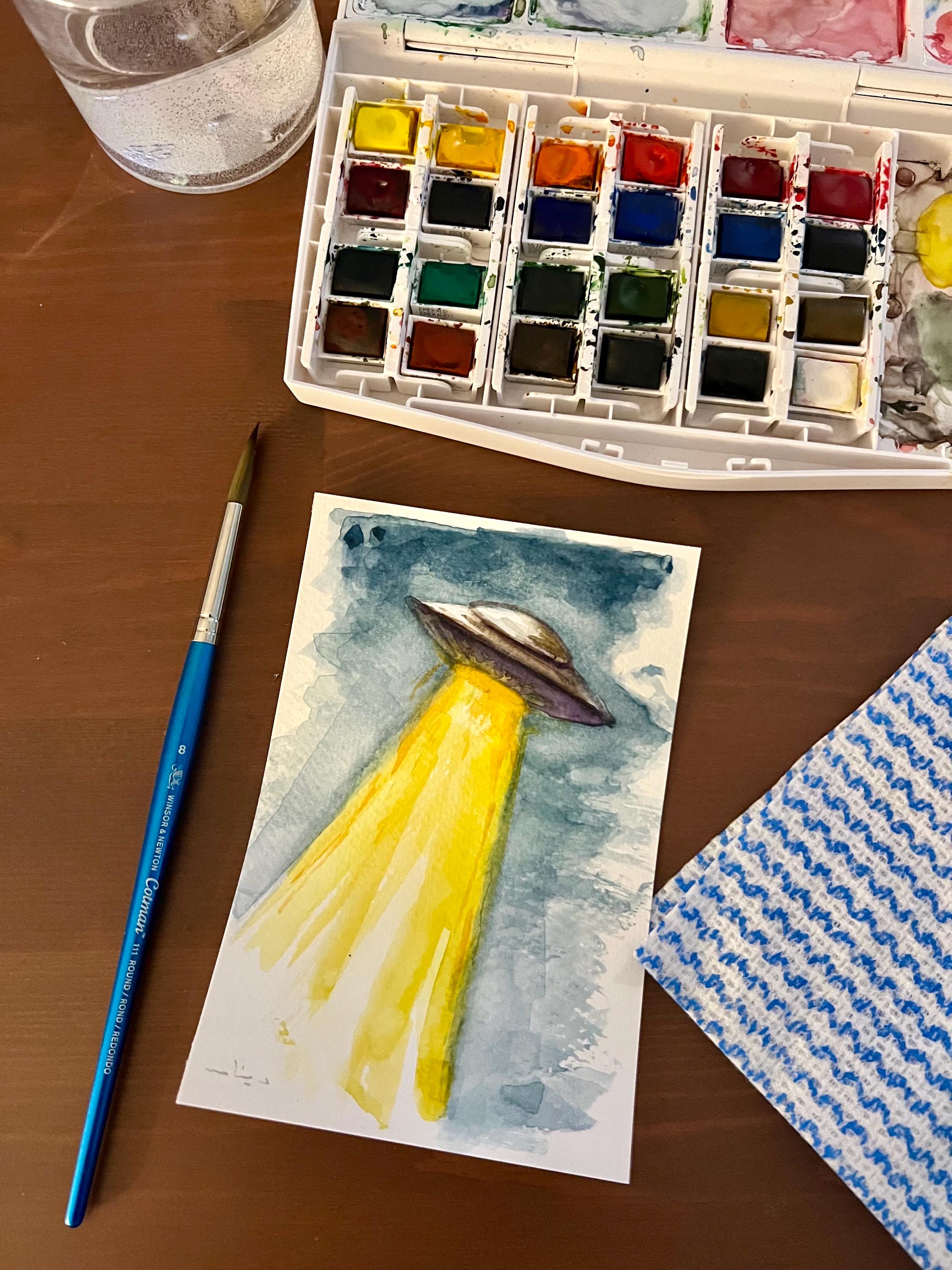 Framed Original Watercolor UFO Painting, Navy Fabric Background, Science Fiction Wall Art