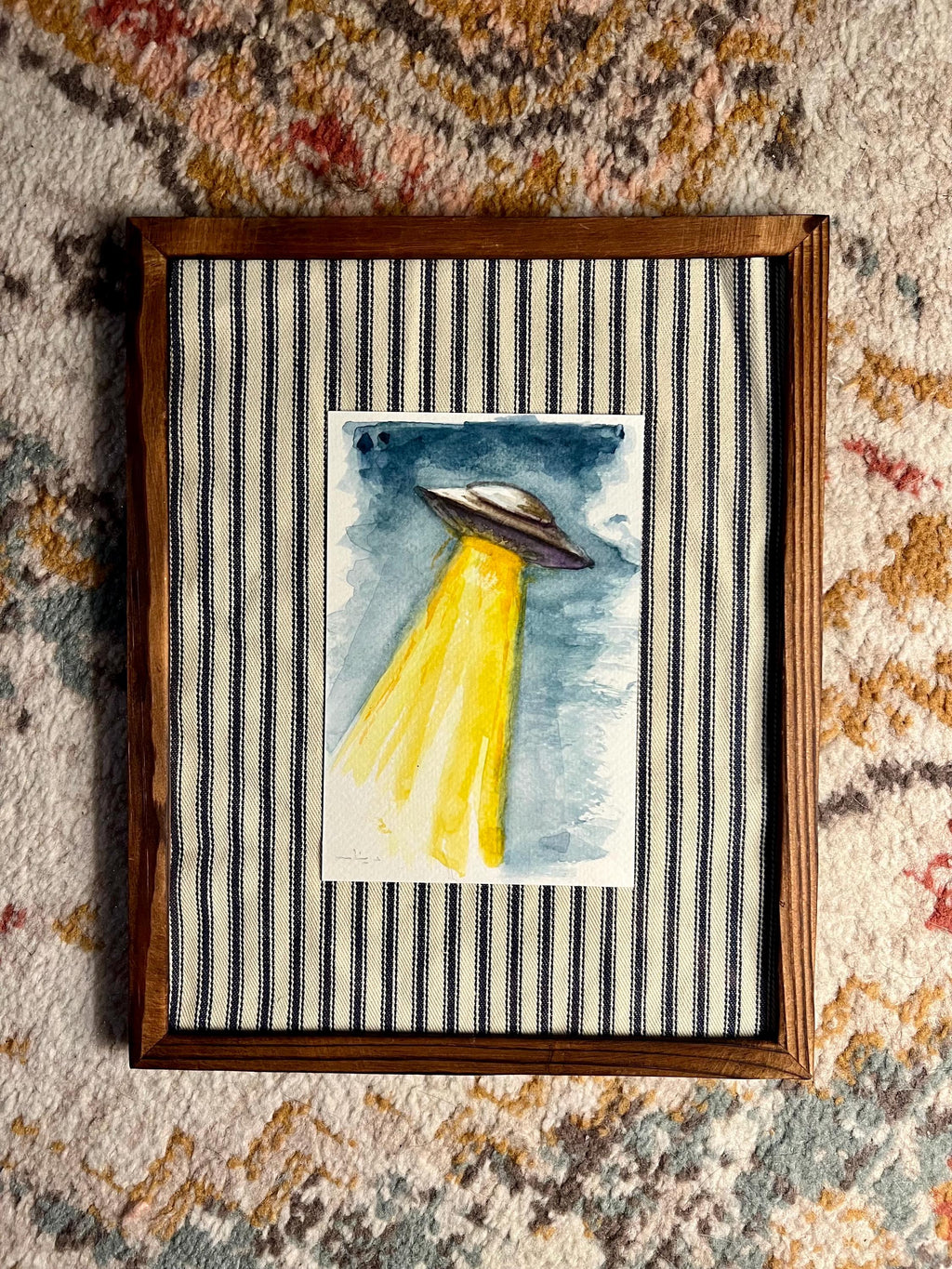 Framed Original Watercolor UFO Painting, Navy Fabric Background, Science Fiction Wall Art