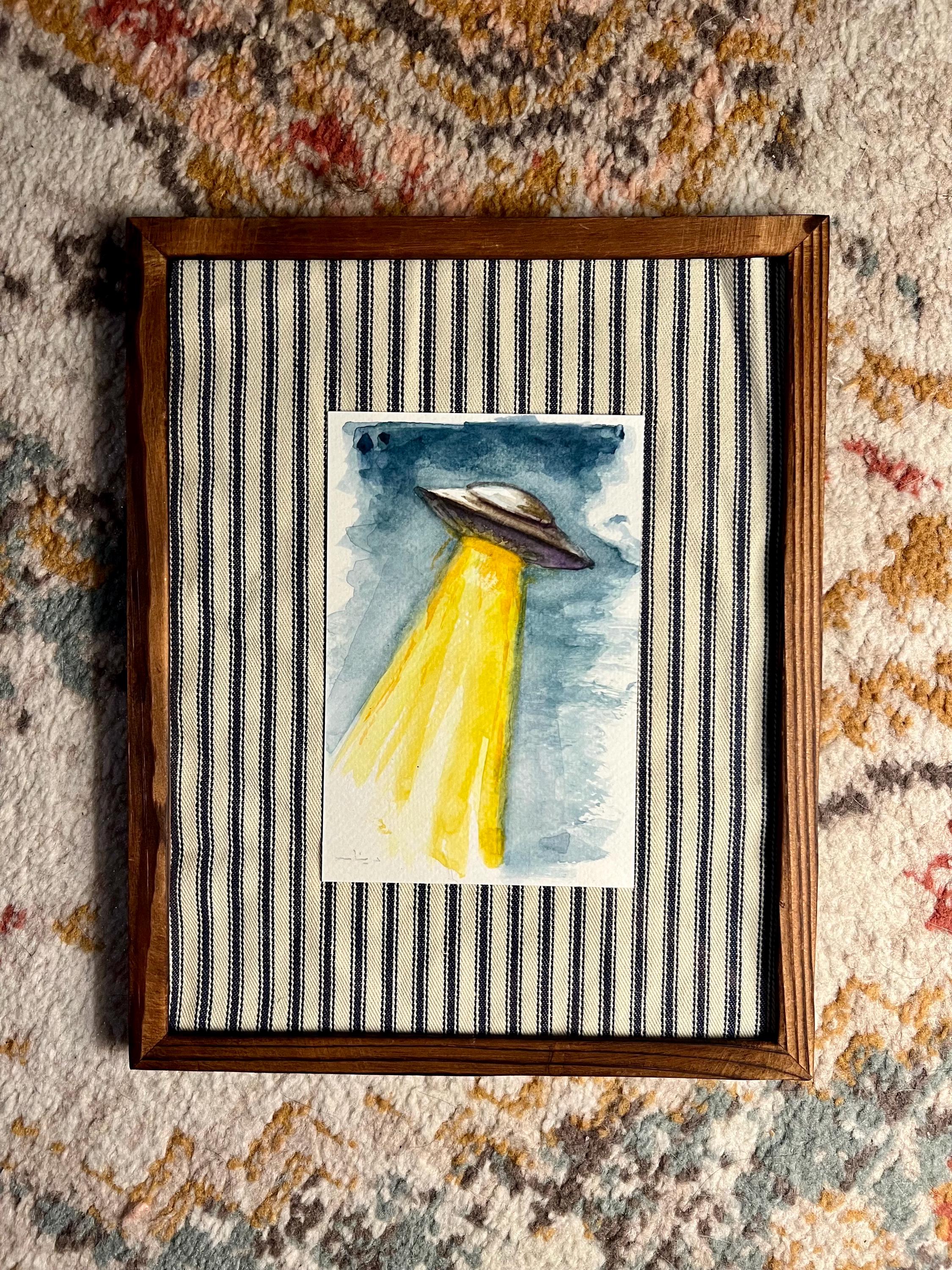 Framed Original Watercolor UFO Painting, Navy Fabric Background, Science Fiction Wall Art