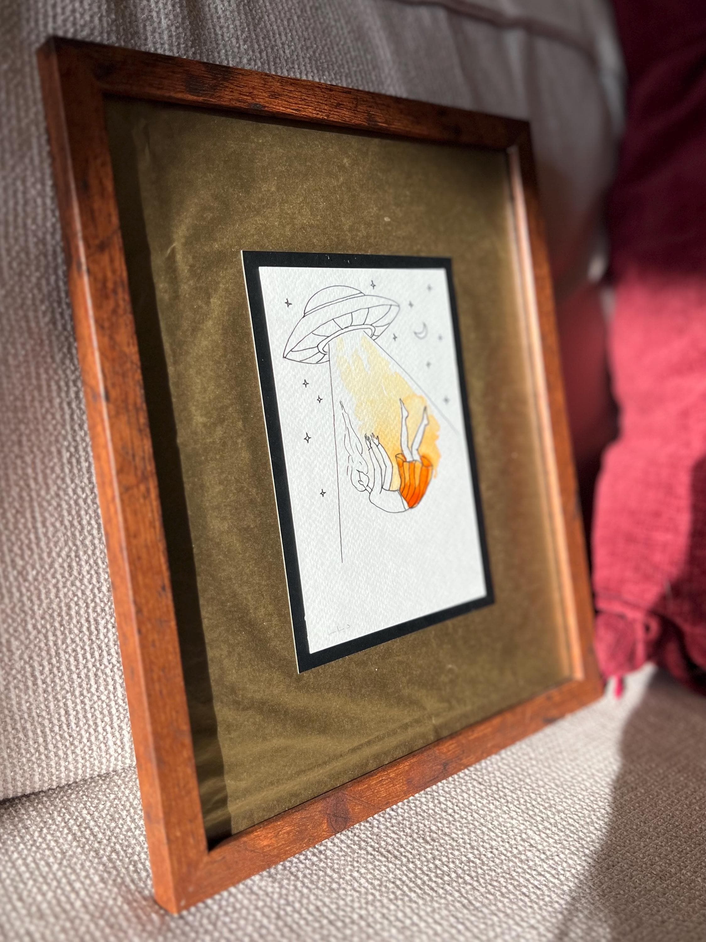 Original framed Watercolor UFO Girl taken by Spaceship - Cosmic Girl, Gold Background