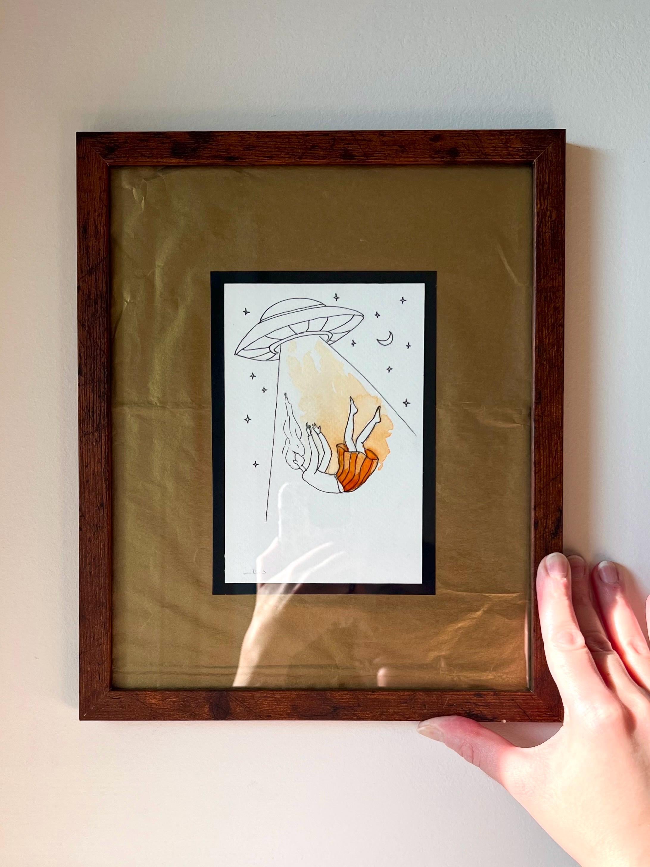 Original framed Watercolor UFO Girl taken by Spaceship - Cosmic Girl, Gold Background