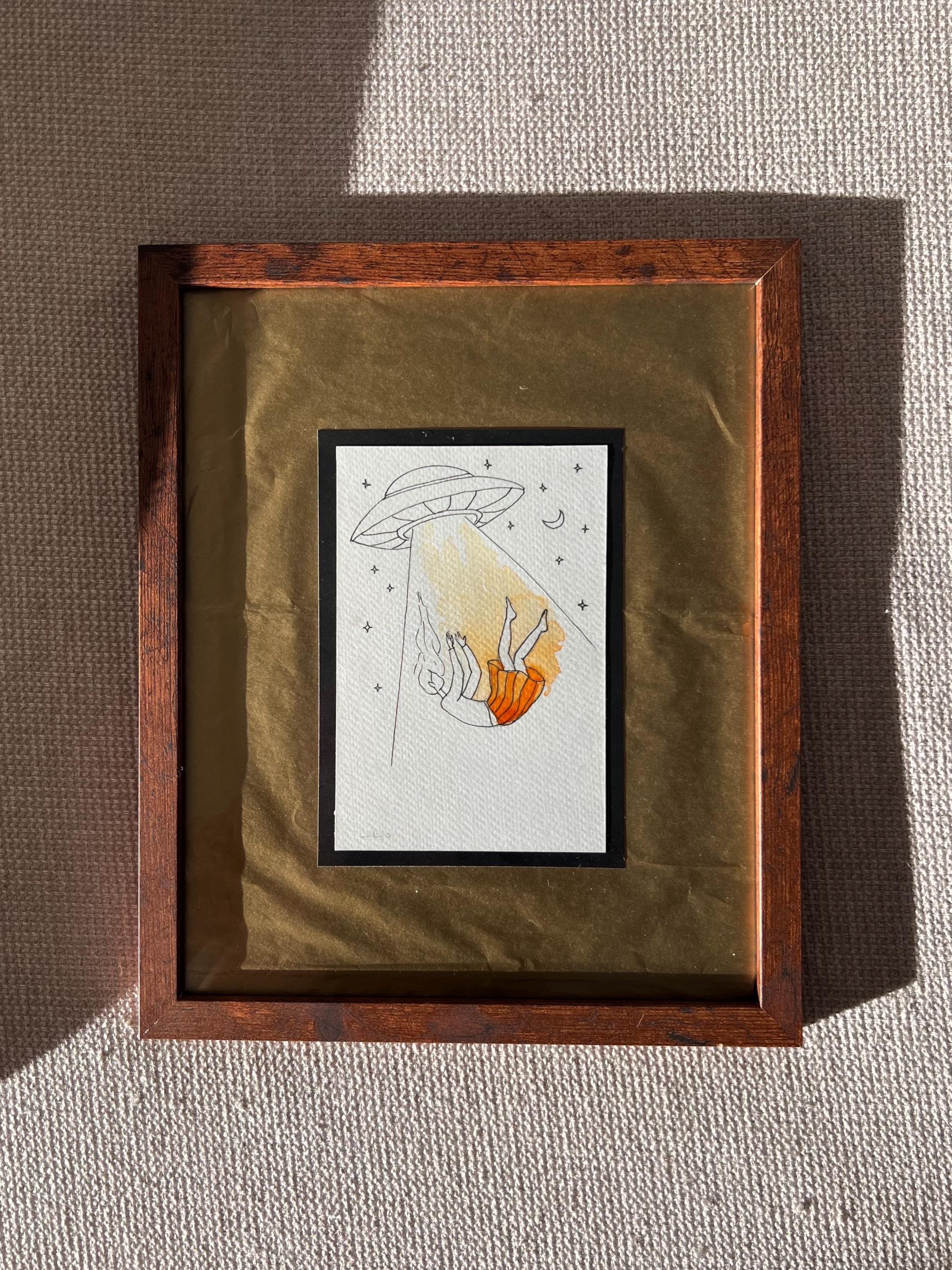 Original framed Watercolor UFO Girl taken by Spaceship - Cosmic Girl, Gold Background