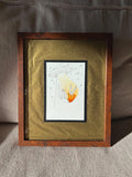 Original framed Watercolor UFO Girl taken by Spaceship - Cosmic Girl, Gold Background