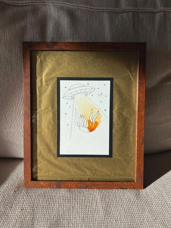 Original framed Watercolor UFO Girl taken by Spaceship - Cosmic Girl, Gold Background