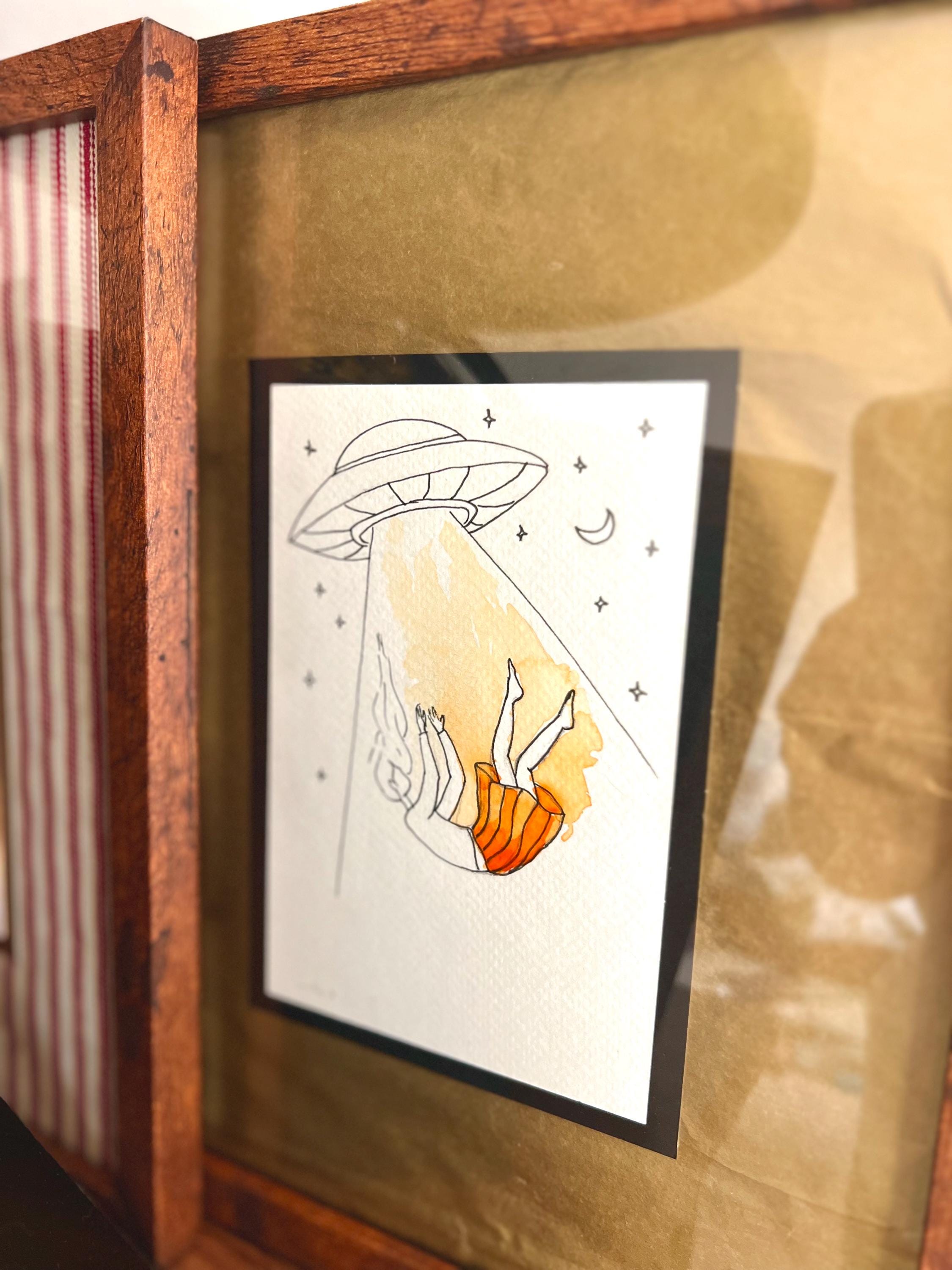 Original framed Watercolor UFO Girl taken by Spaceship - Cosmic Girl, Gold Background