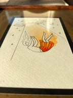 Original framed Watercolor UFO Girl taken by Spaceship - Cosmic Girl, Gold Background