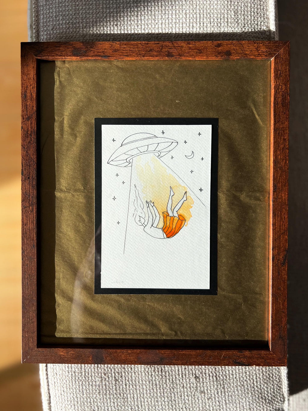 Original framed Watercolor UFO Girl taken by Spaceship - Cosmic Girl, Gold Background