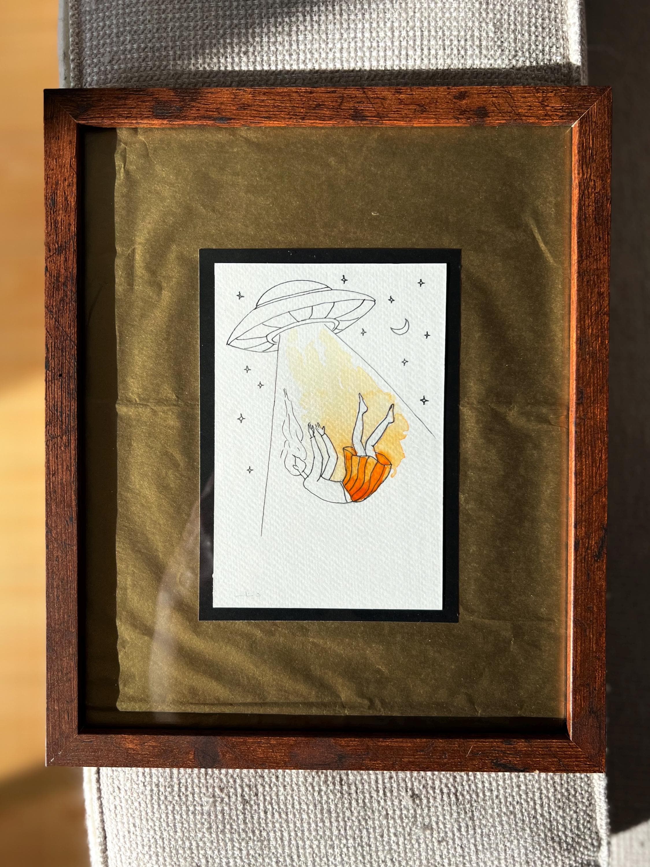 Original framed Watercolor UFO Girl taken by Spaceship - Cosmic Girl, Gold Background