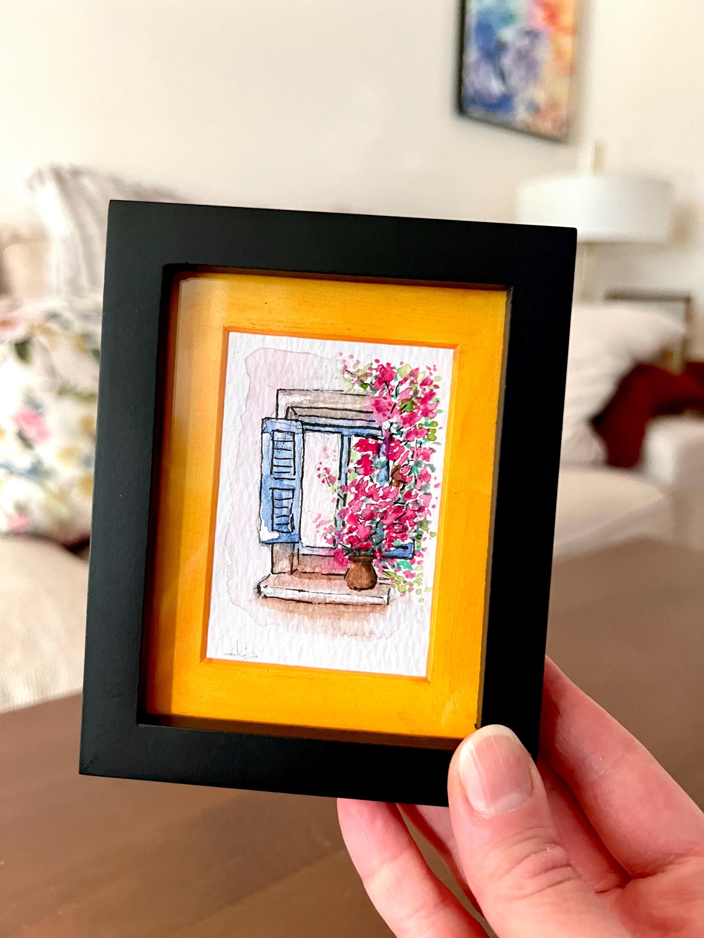 Custom Framed Watercolor Window Painting with flowers & stars: Celestial Botanical Art