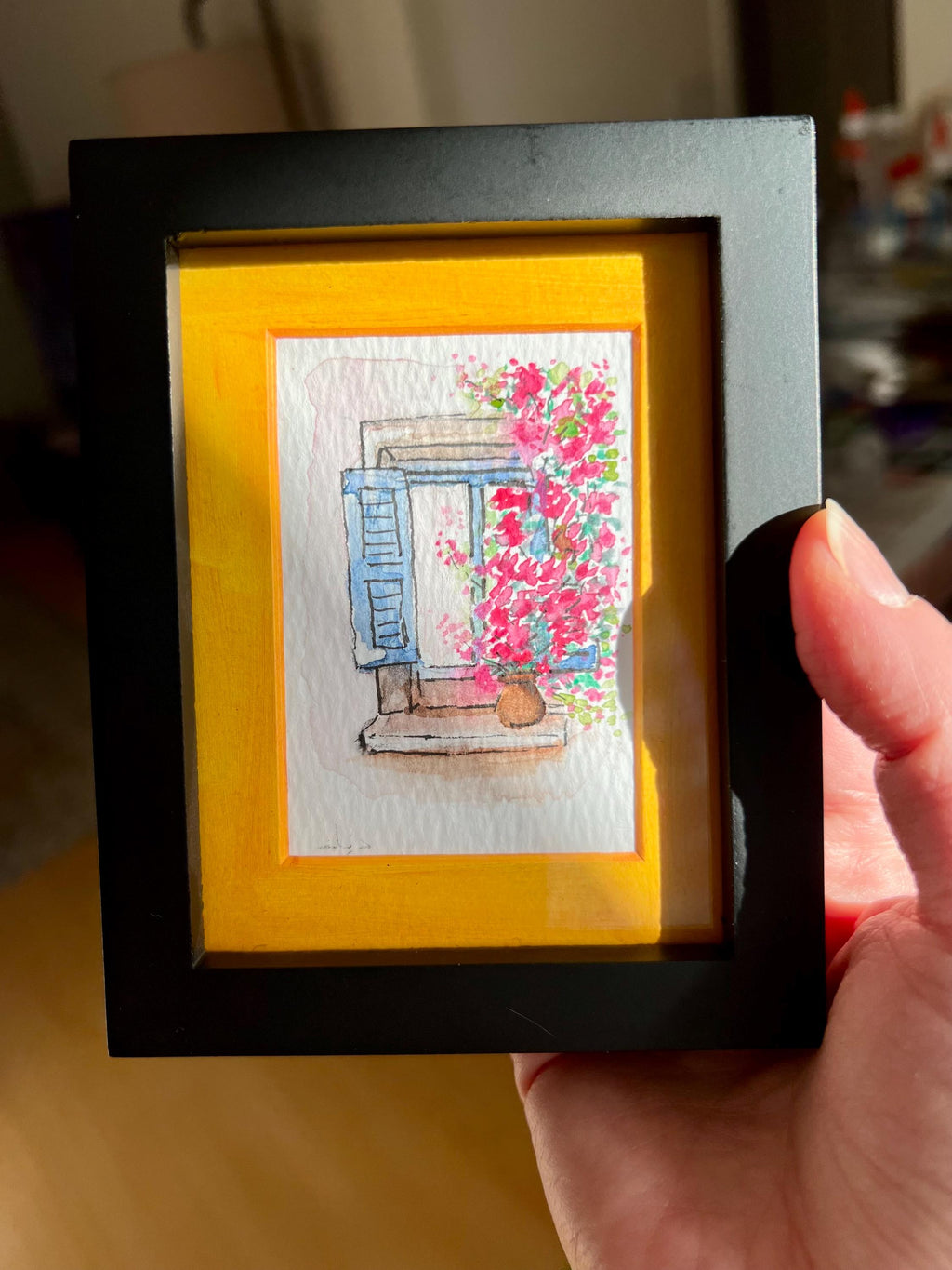 Custom Framed Watercolor Window Painting with flowers & stars: Celestial Botanical Art