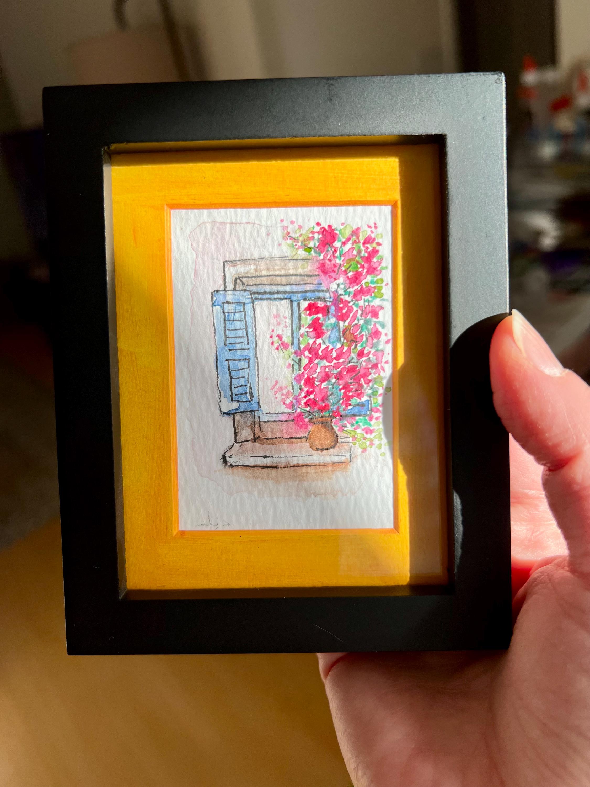 Custom Framed Watercolor Window Painting with flowers & stars: Celestial Botanical Art