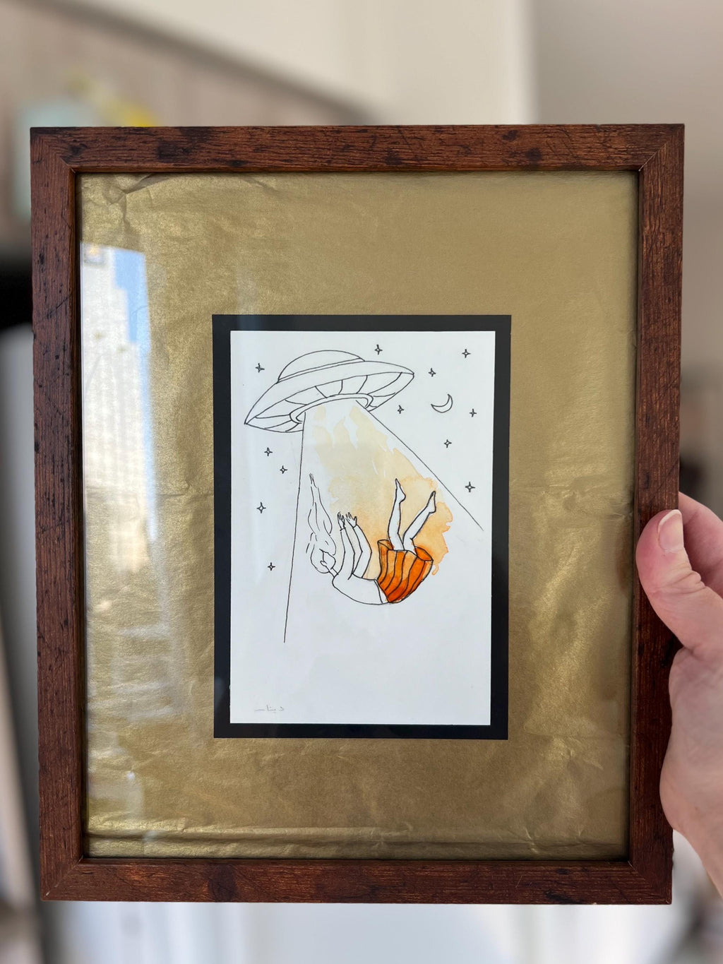 Original framed Watercolor UFO Girl taken by Spaceship - Cosmic Girl, Gold Background