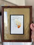 Original framed Watercolor UFO Girl taken by Spaceship - Cosmic Girl, Gold Background