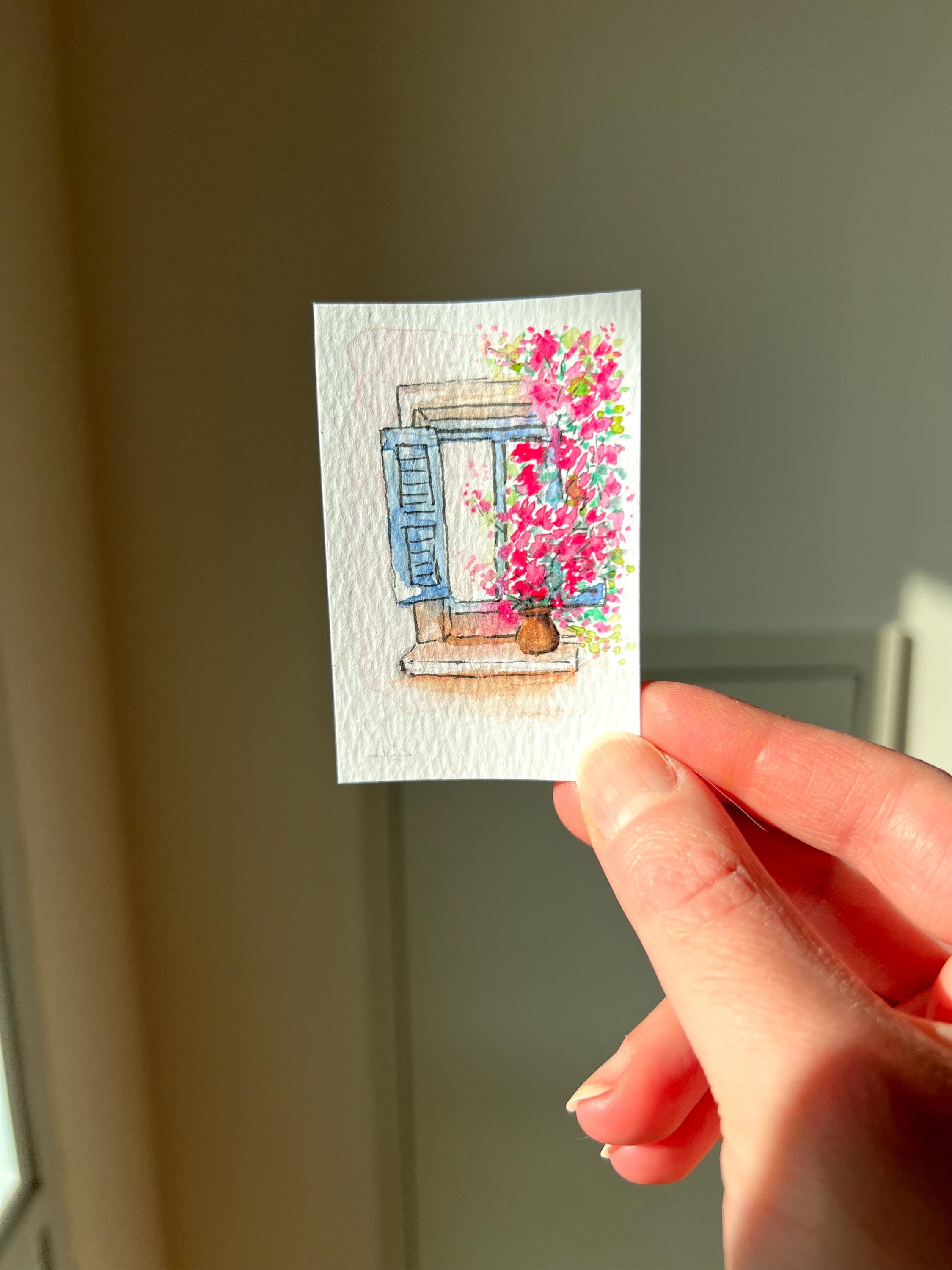 Custom Framed Watercolor Window Painting with flowers & stars: Celestial Botanical Art