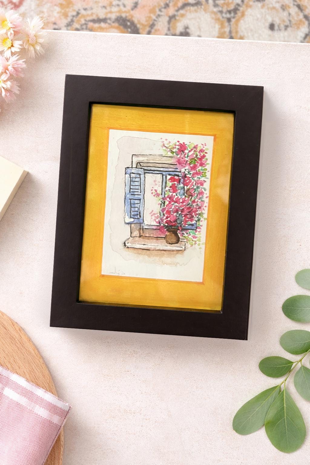 Custom Framed Watercolor Window Painting with flowers & stars: Celestial Botanical Art
