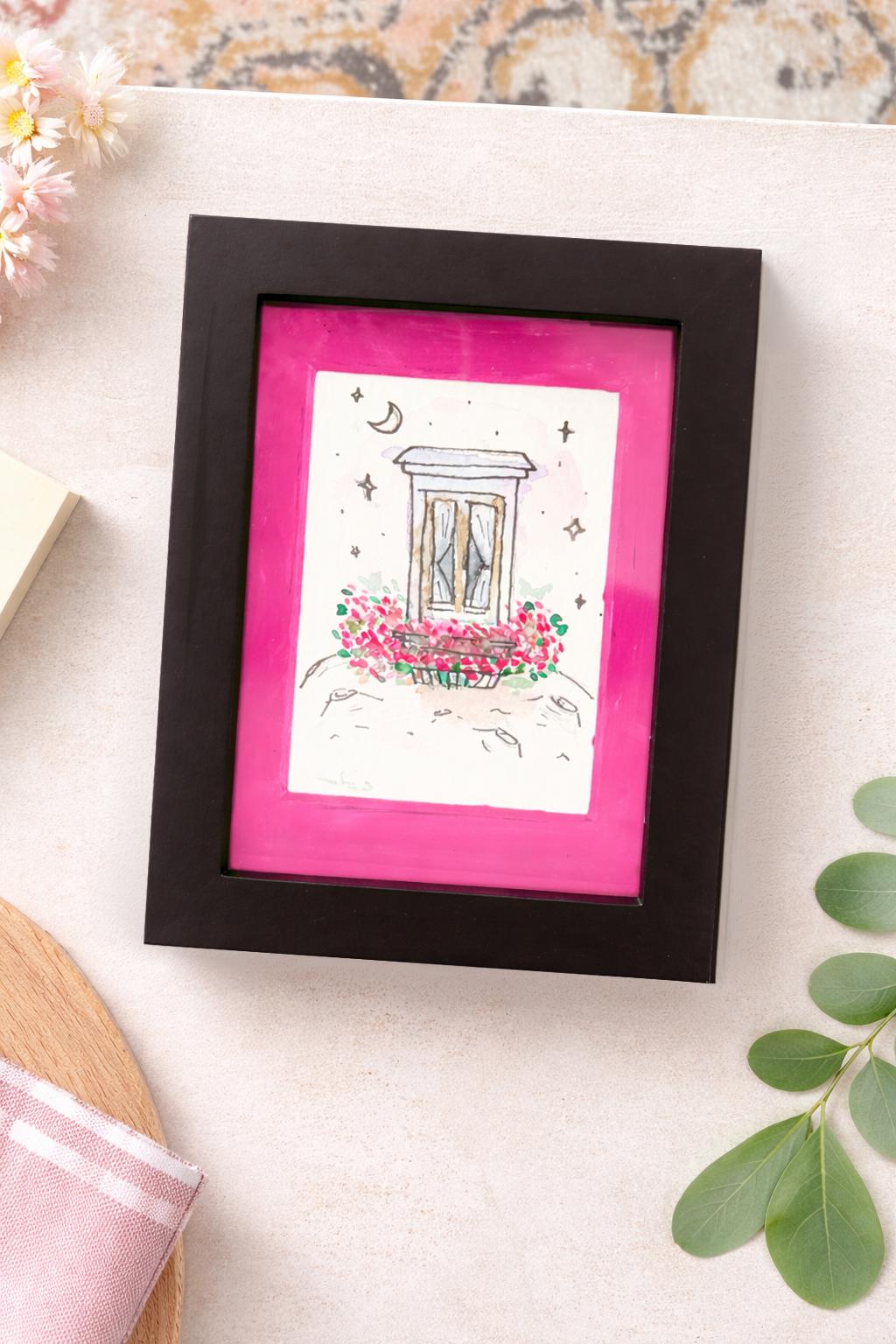 Custom Framed Watercolor Window Painting with flowers & stars: Celestial Botanical Art