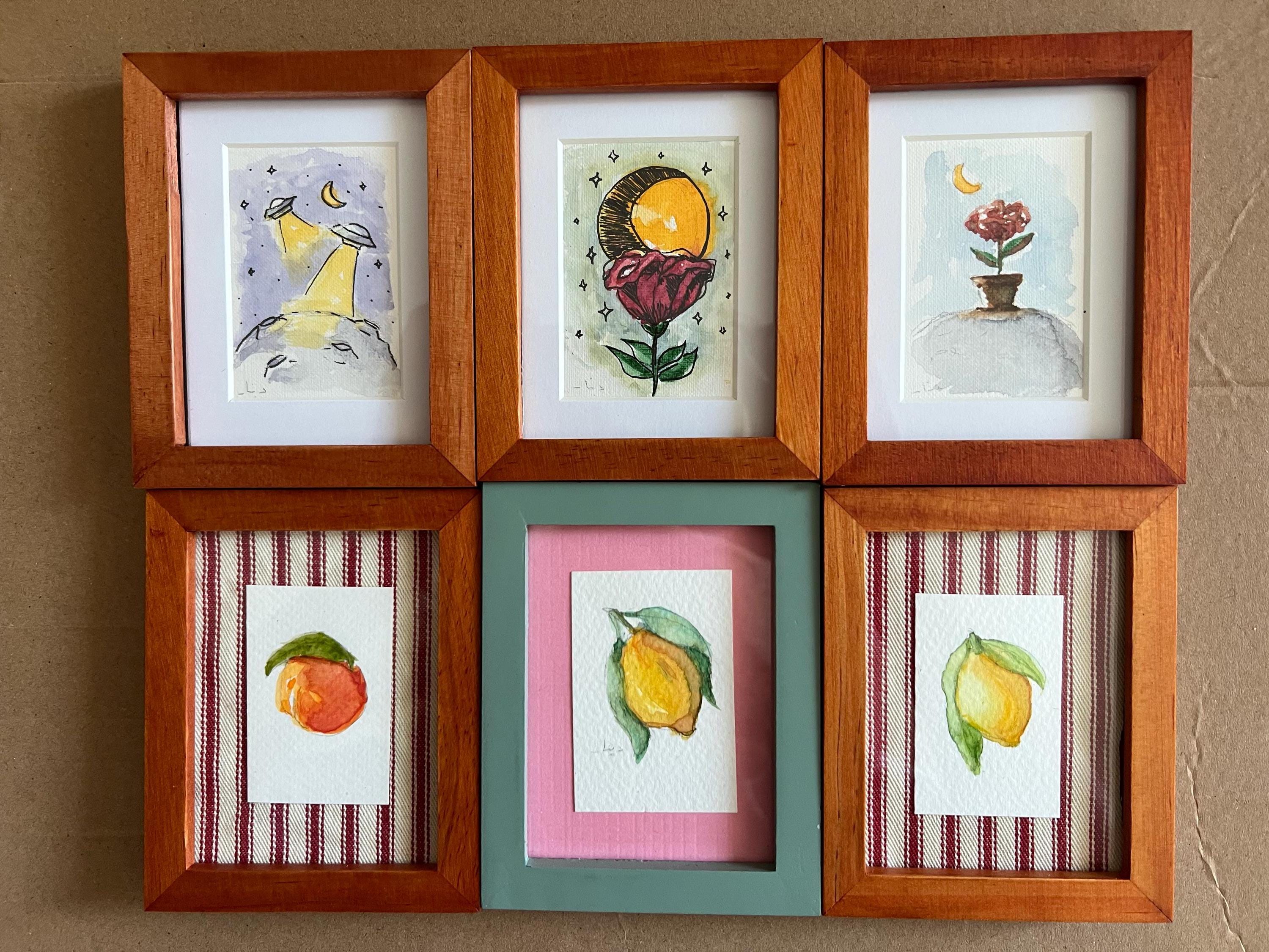 Mini Framed Watercolor Paintings: Rose, Lemon, Orange, UFOs, Striped Fabric Back