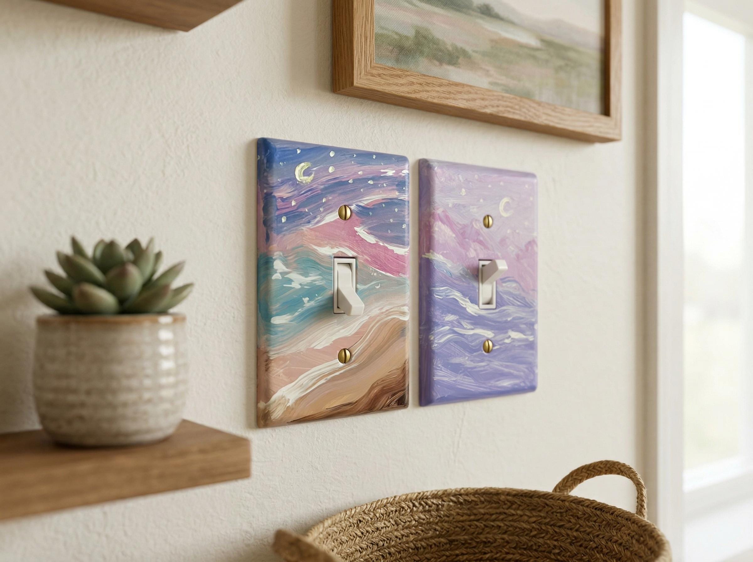 Hand-Painted Seascape Light Switch Plate, Pink Beach Purple Waves Wall Art