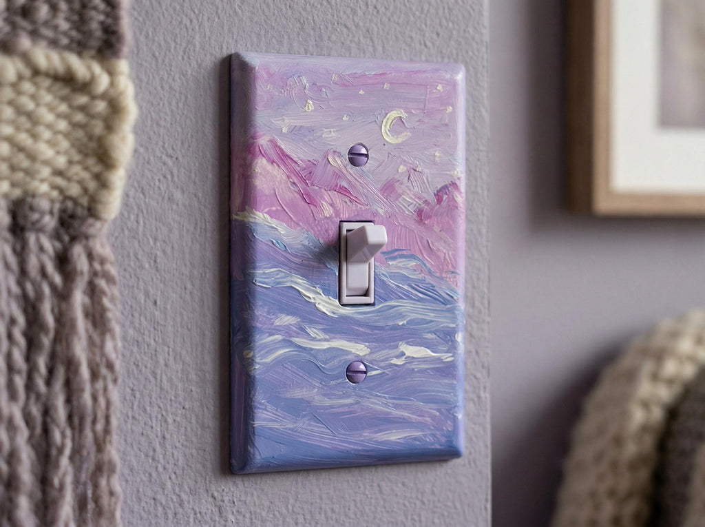 Hand-Painted Seascape Light Switch Plate, Pink Beach Purple Waves Wall Art