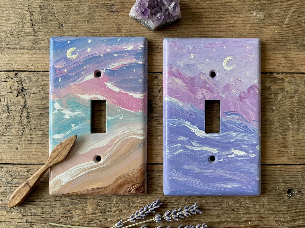 Hand-Painted Seascape Light Switch Plate, Pink Beach Purple Waves Wall Art