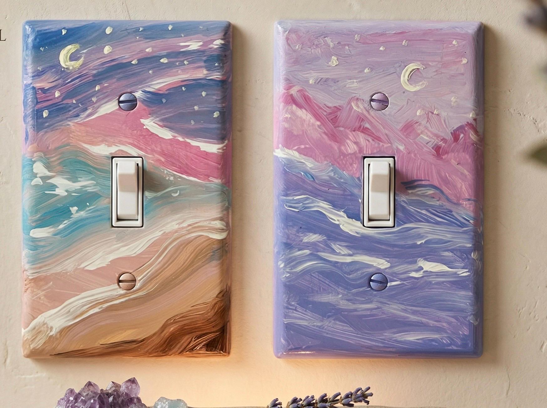 Hand-Painted Seascape Light Switch Plate, Pink Beach Purple Waves Wall Art
