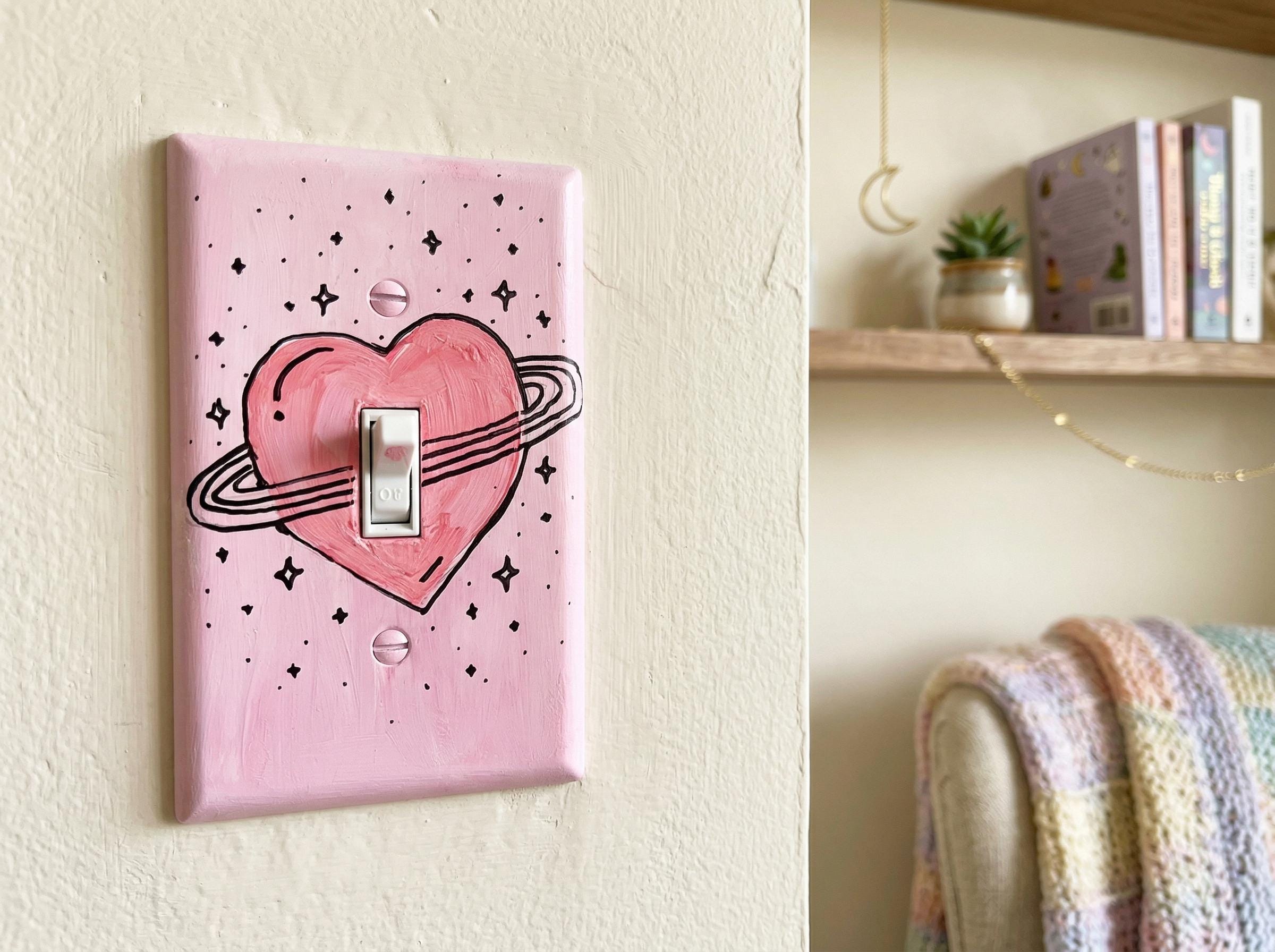 Hand-Painted Heart Planet Light Switch Plates, Kids Nursery Wall Art, Gift for Space Lovers